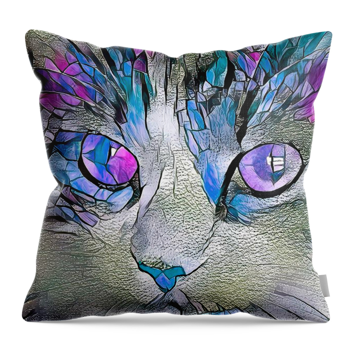 Glass Throw Pillow featuring the digital art Stained Glass Cat Portrait Purple and Blue by Don Northup