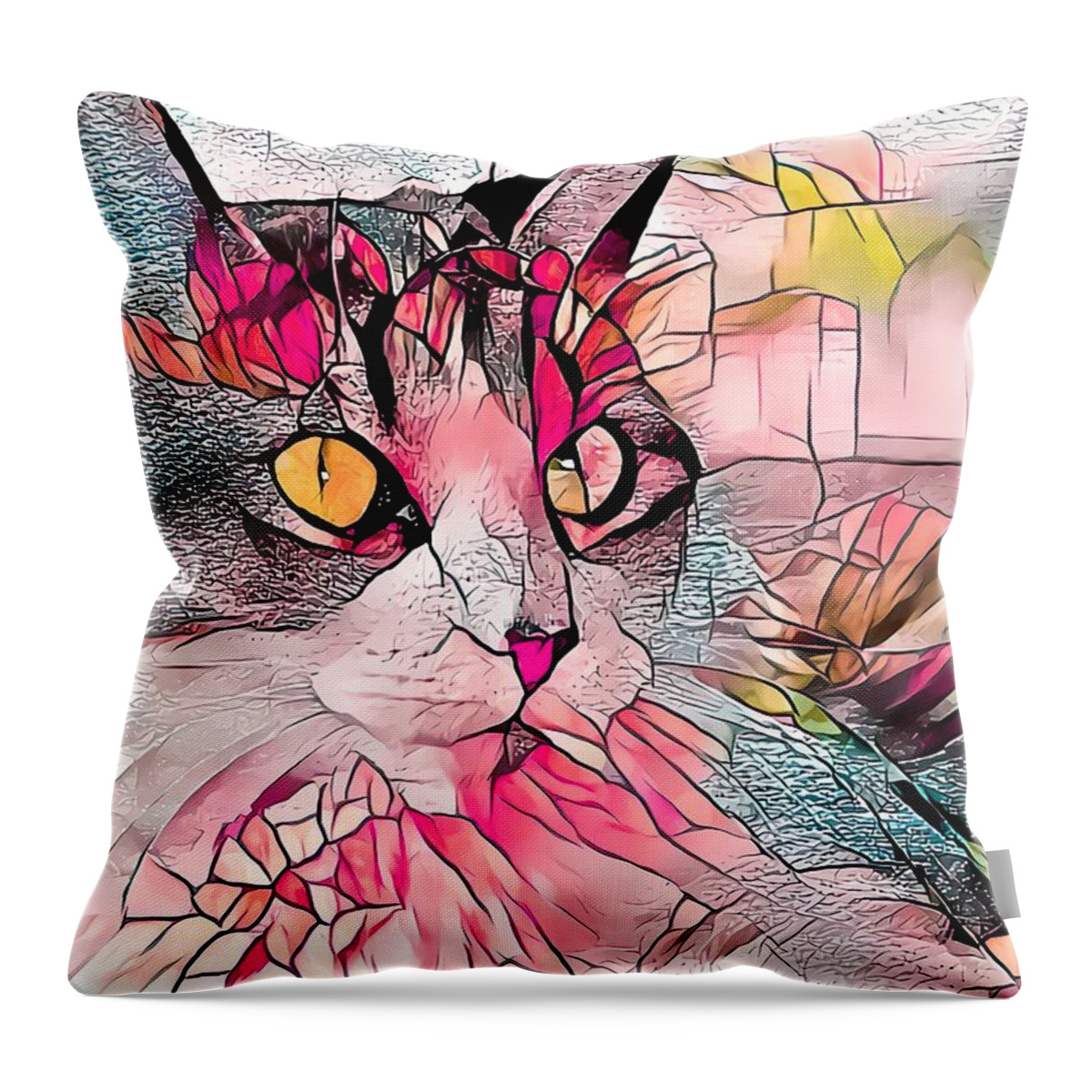 Glass Throw Pillow featuring the digital art Stained Glass Cat Profile Warm Colors by Don Northup