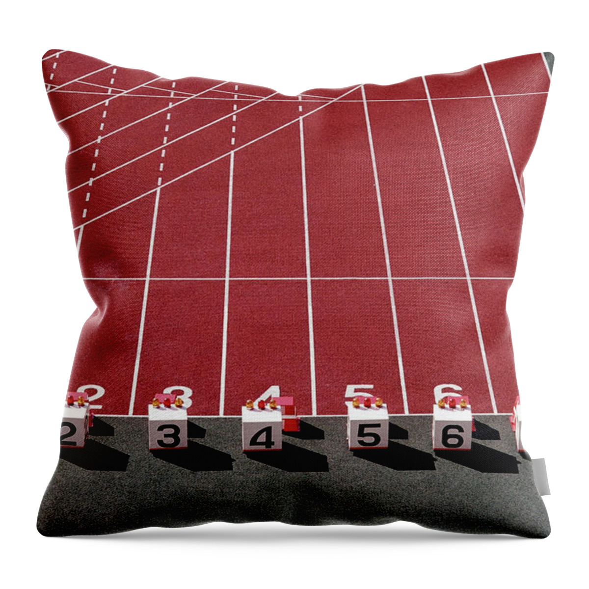 Number 7 Throw Pillow featuring the photograph Starting Blocks On Track, Elevated View by Grant Faint