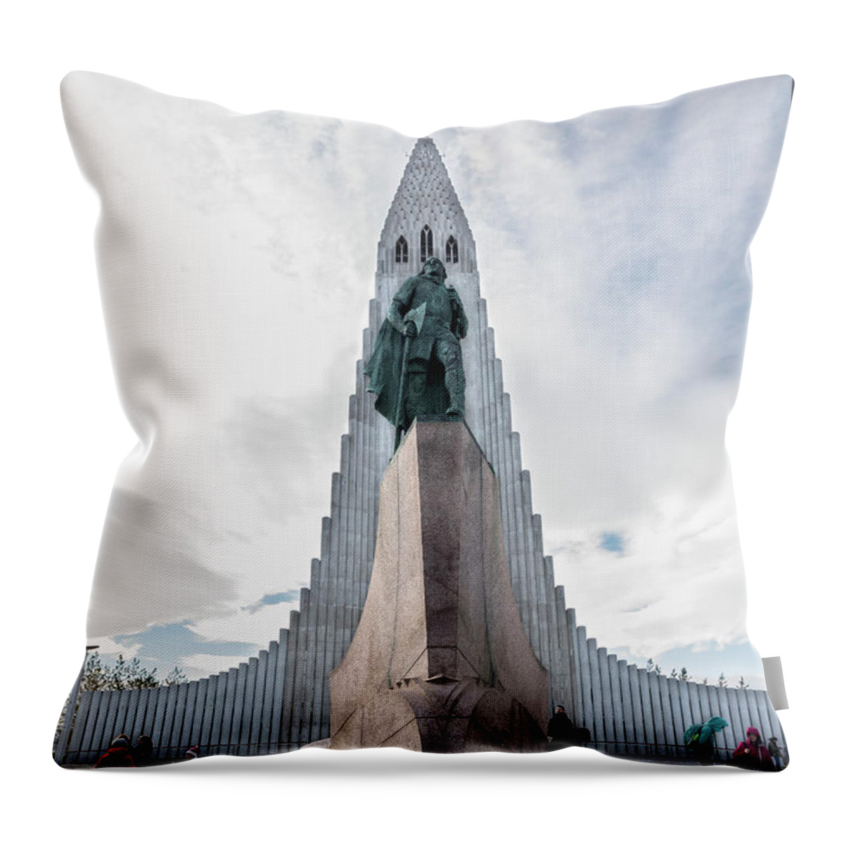 Iceland Throw Pillow featuring the photograph Statue of explorer Leif Erikson and Hallgrimskirkja in Reykjavik by RicardMN Photography