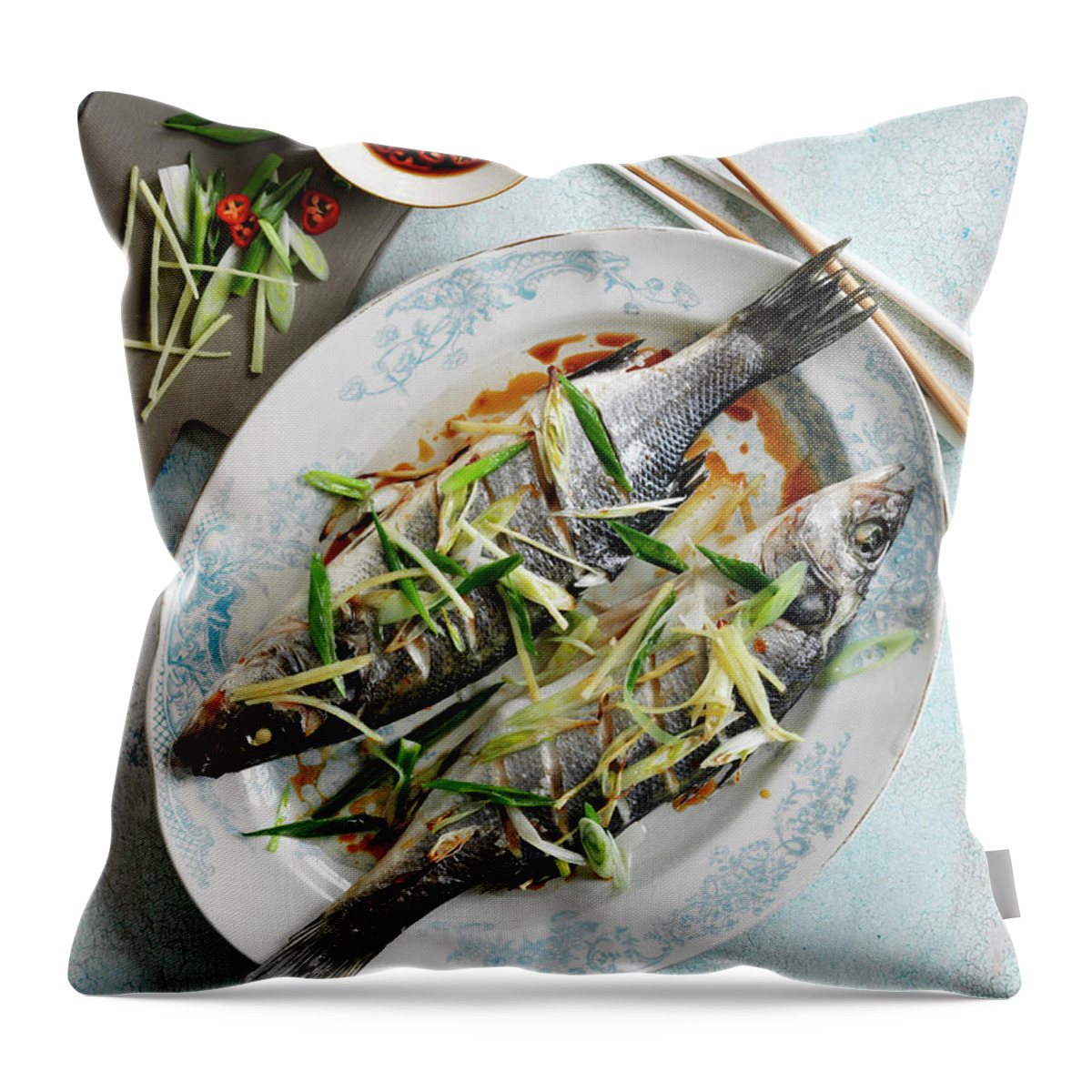 Ip_12674286 Throw Pillow featuring the photograph Steamed Fish With Ginger And Spring Onions canton, China by Gareth Morgans