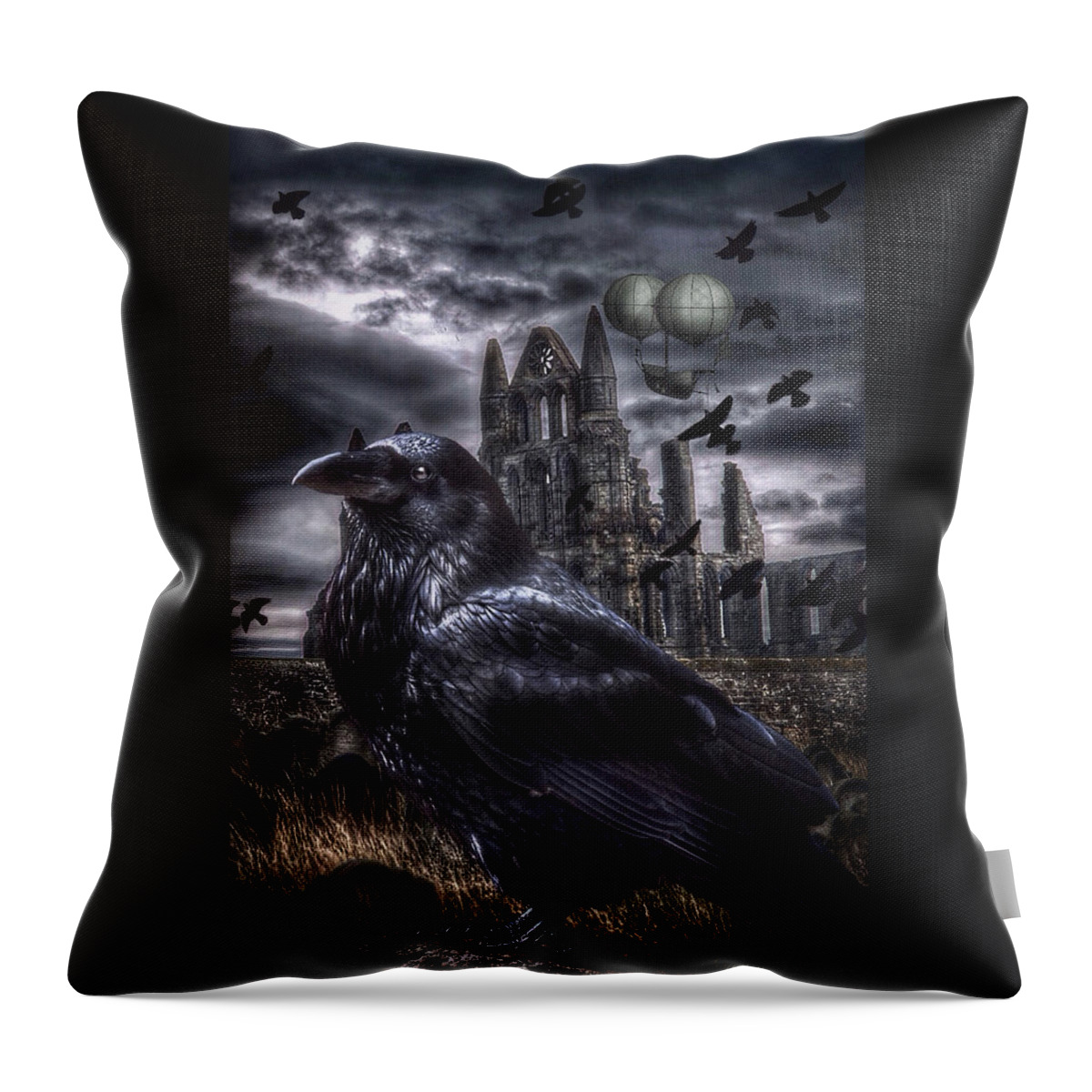 Raven Throw Pillow featuring the digital art Steampunk Raven by Brenda Wilcox aka Wildeyed n Wicked