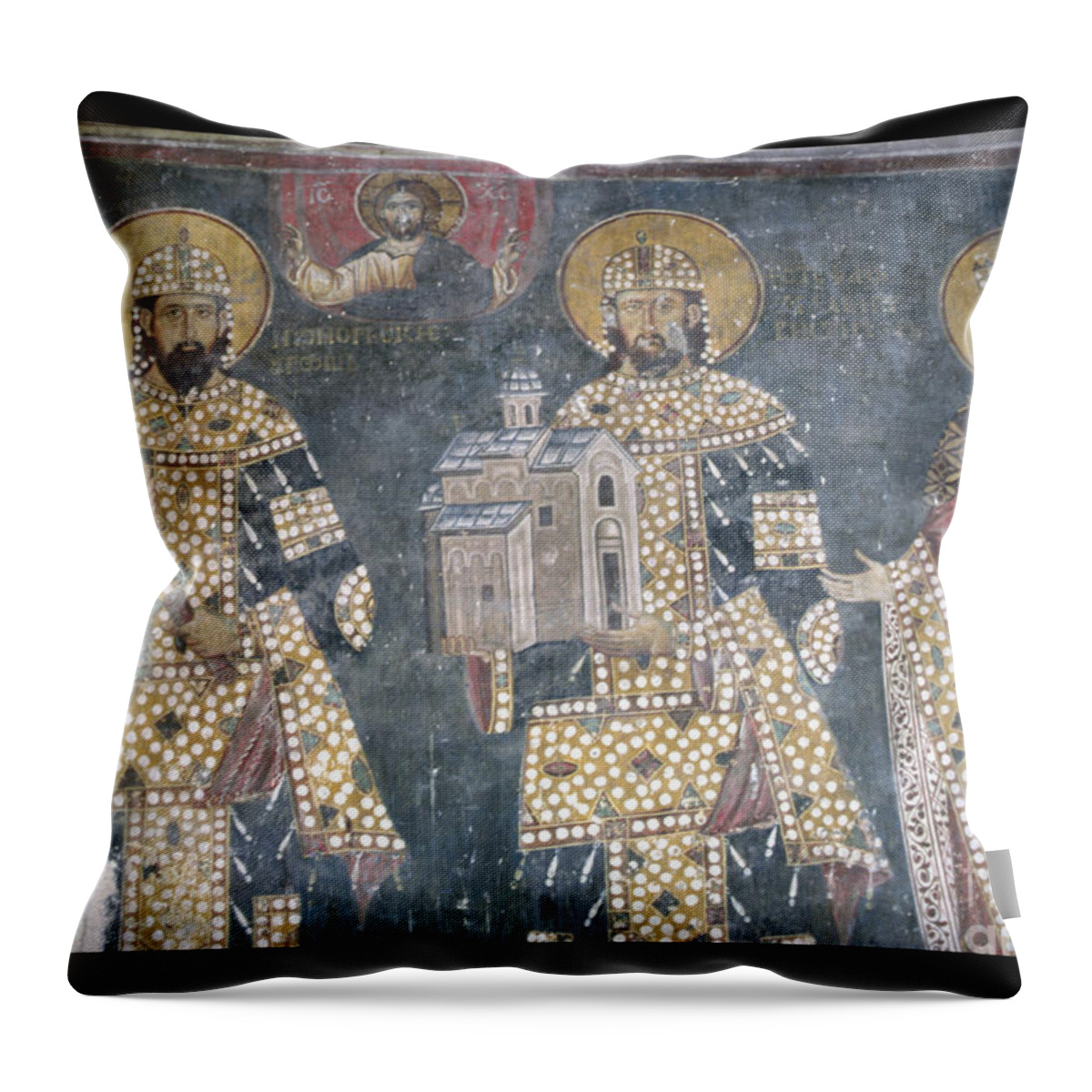 Byzantine Influence Throw Pillow featuring the painting Stefan Milutin, Stefan Dragutin And Katelina, Late 13th Century by Serbian School