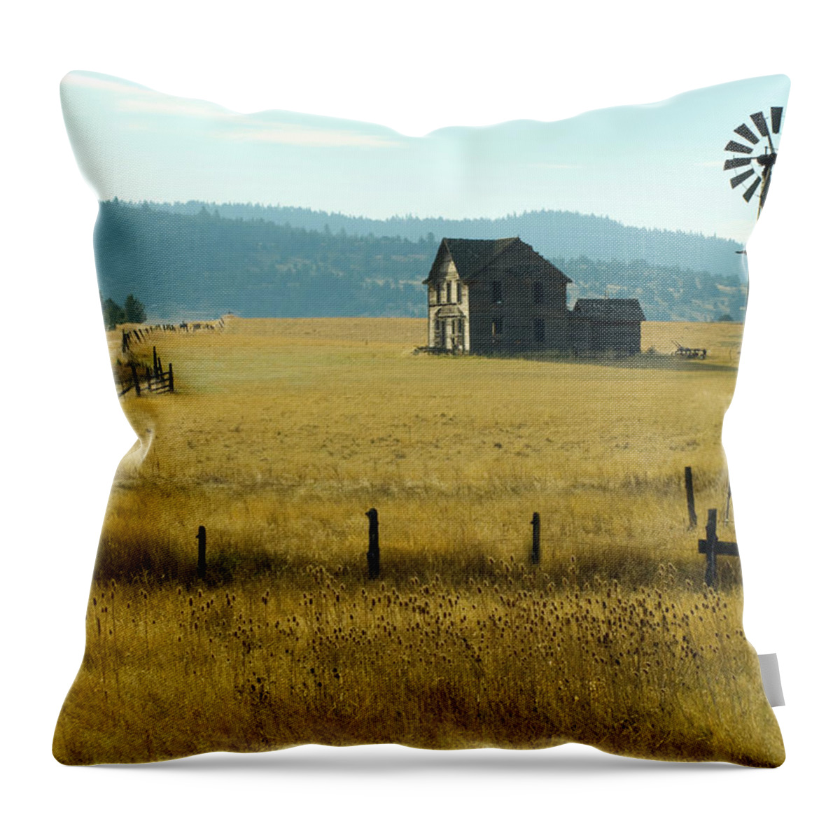 Scenics Throw Pillow featuring the photograph Steinbeck Homestead W Windmill And Fence by Garyalvis