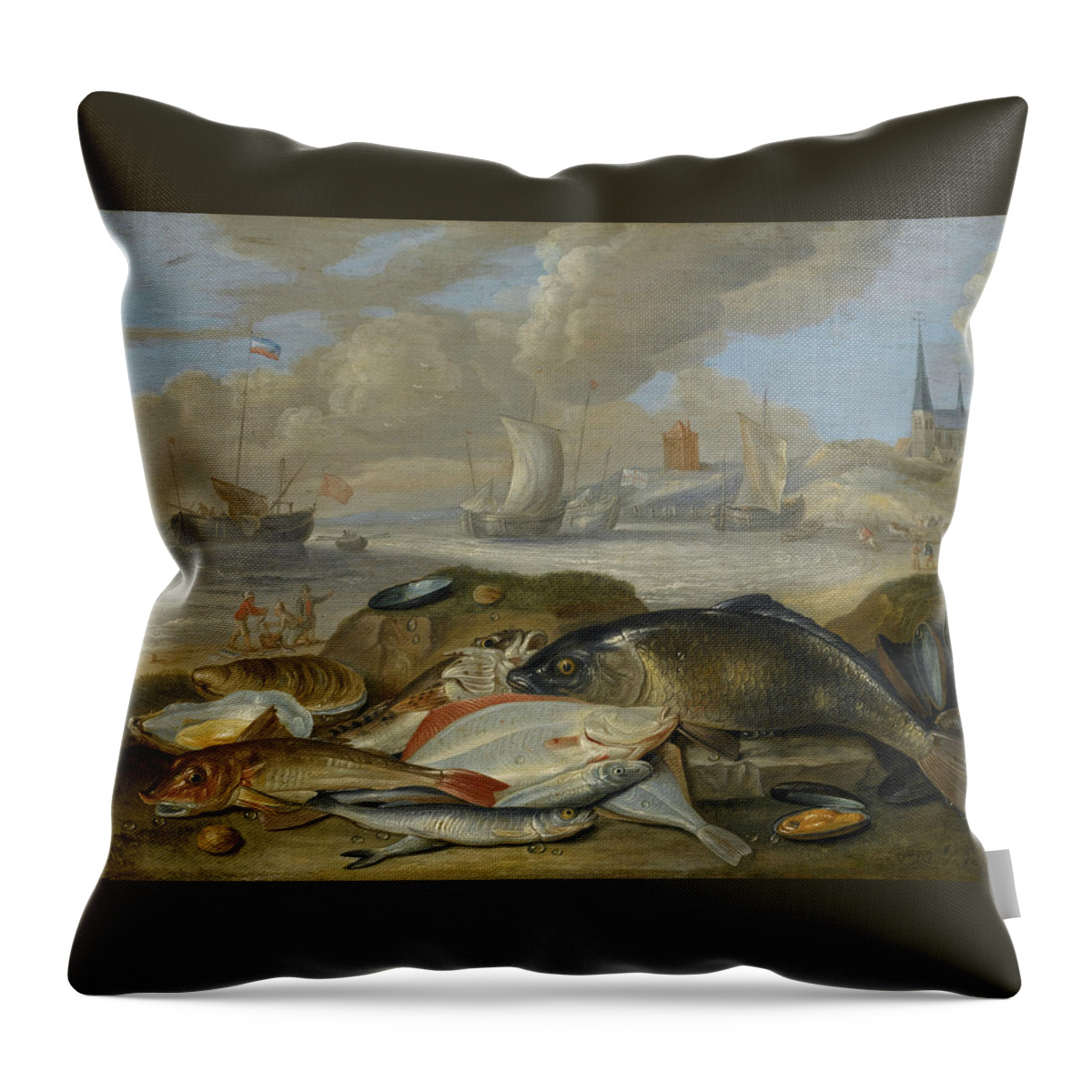 17th Century Art Throw Pillow featuring the painting Still Life of Fish in a Harbor Landscape, Possibly an Allegory of the Element of Water by Jan van Kessel the Elder