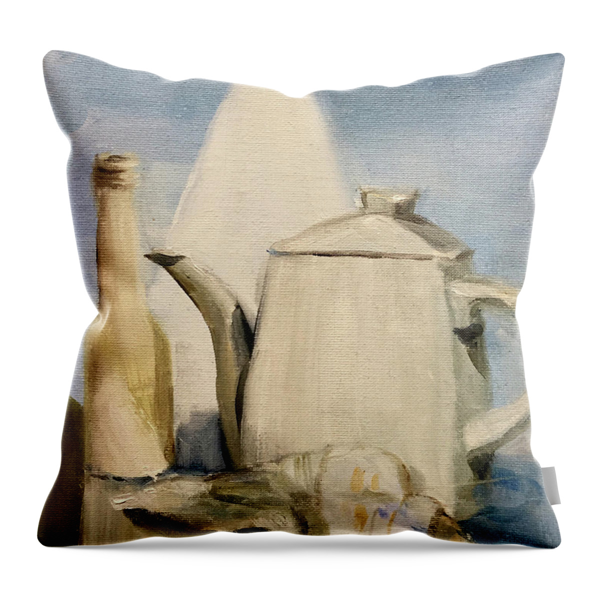 Still Life Throw Pillow featuring the painting Still Life of Pottery in White by Greta Corens