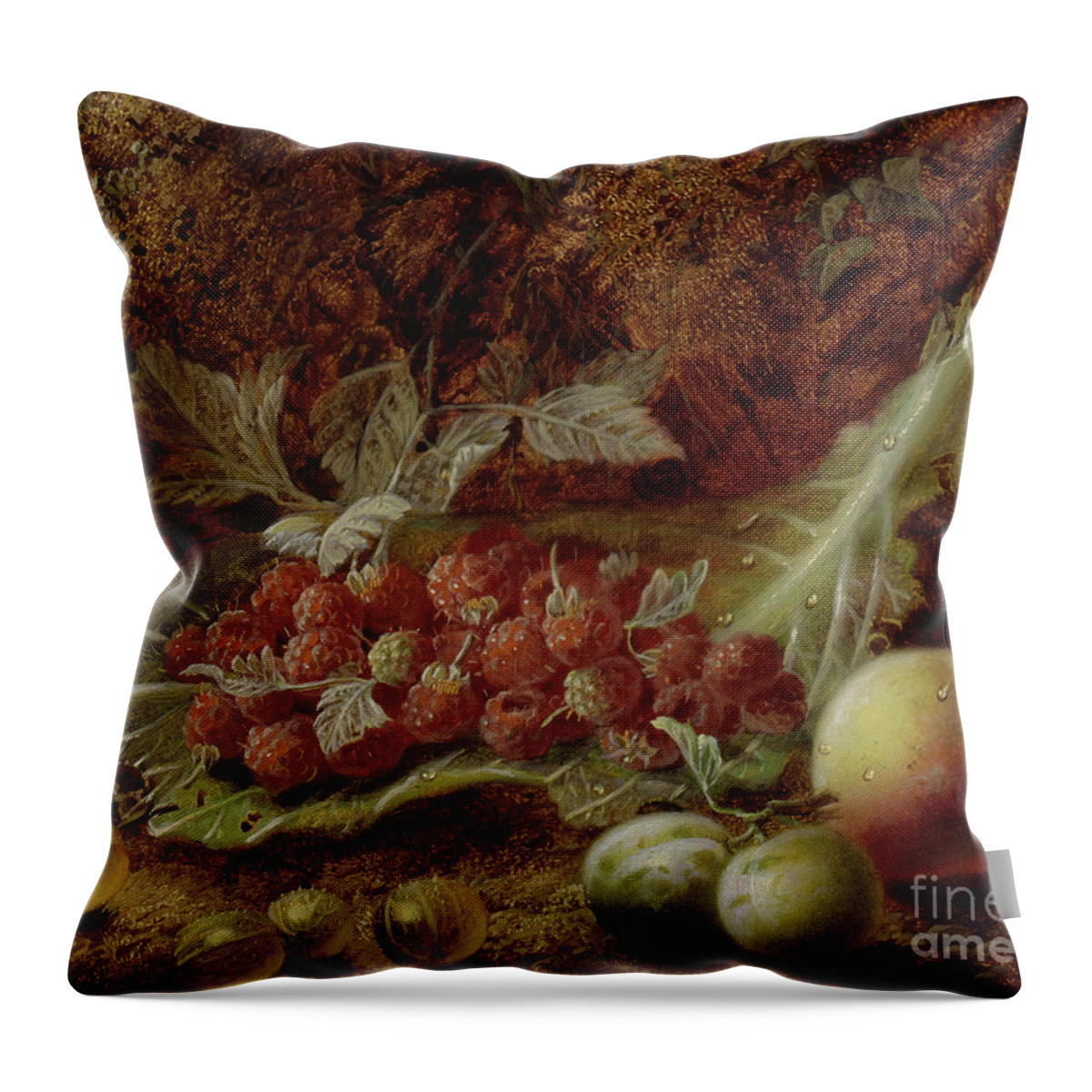 Raspberries Throw Pillow featuring the painting Still life of raspberries, gooseberries, peach and plums on a mossy bank by Oliver Clare