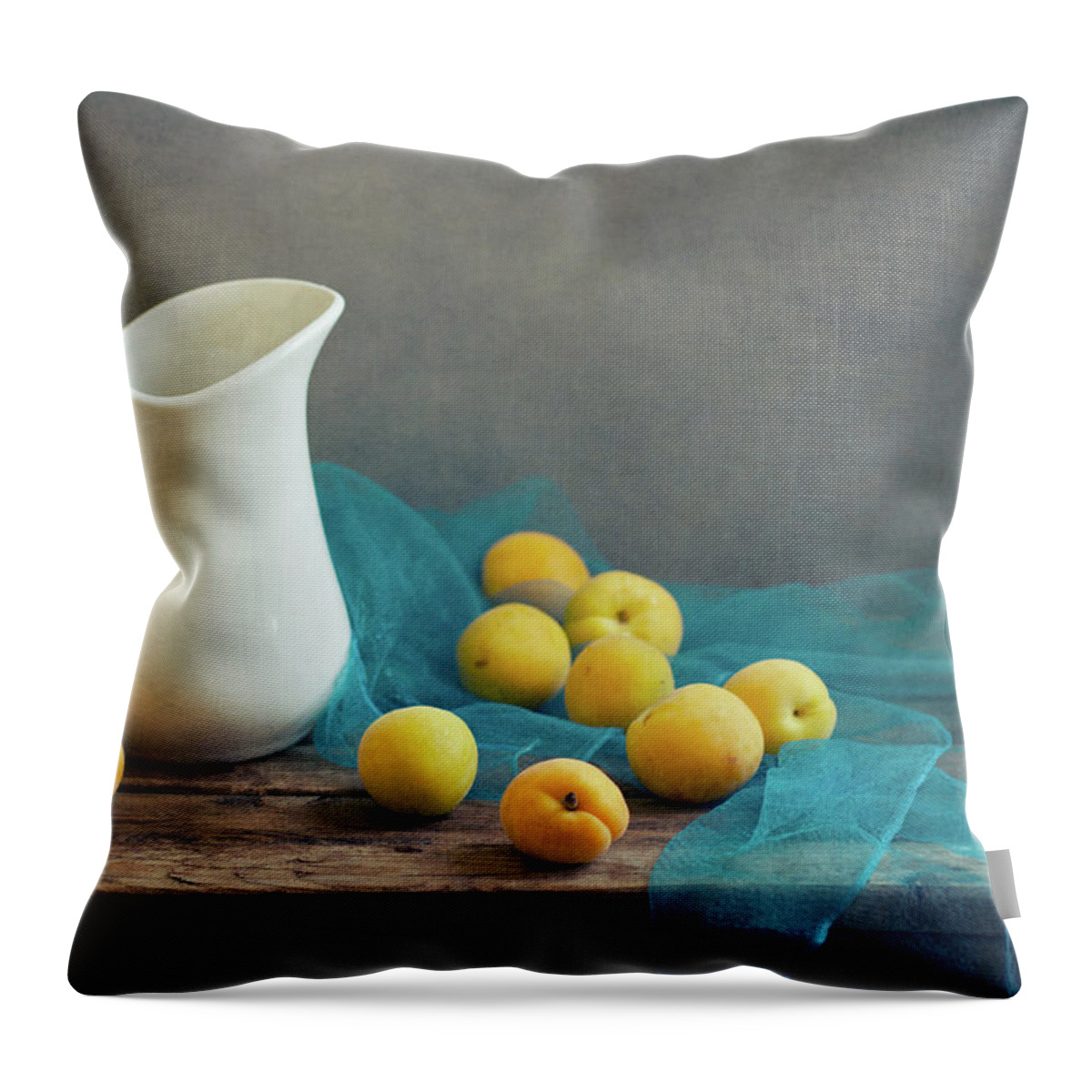 Apricot Throw Pillow featuring the photograph Still Life With Apricots And White Jug by Copyright Anna Nemoy(xaomena)