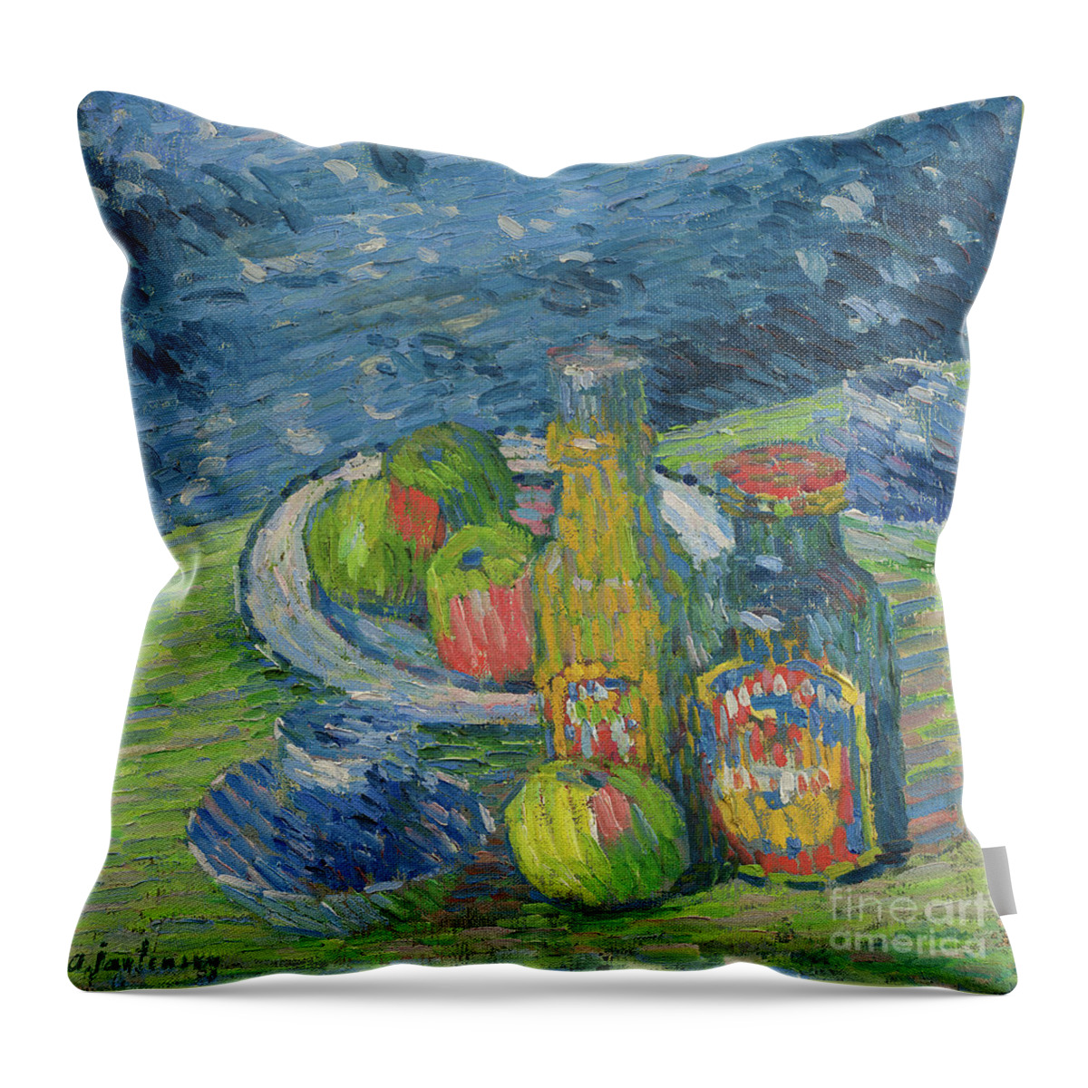 Jawlensky Throw Pillow featuring the painting Still Life with Bottles and Fruit, 1900 by Alexej von Jawlensky