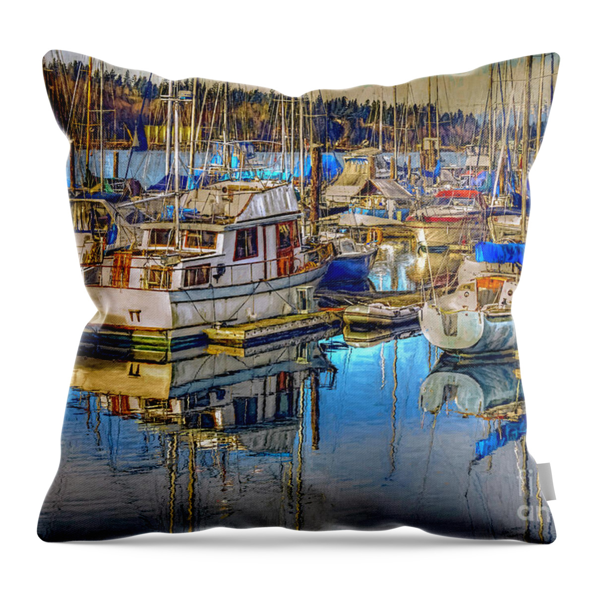 Sailboats Throw Pillow featuring the digital art Still Water Masts by Jean OKeeffe Macro Abundance Art