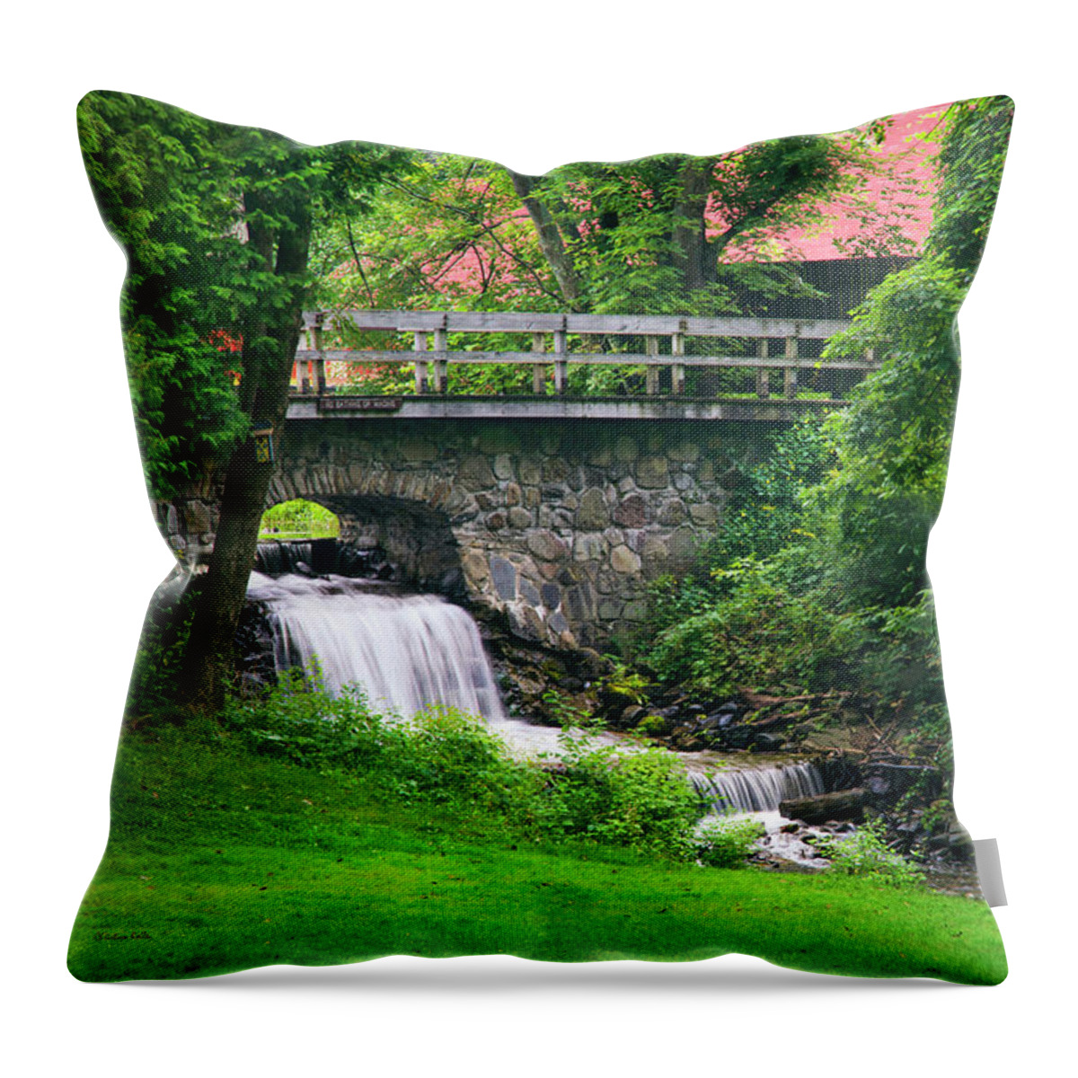 Waterfall Throw Pillow featuring the photograph Stone Bridge And Waterfall Landscape by Christina Rollo