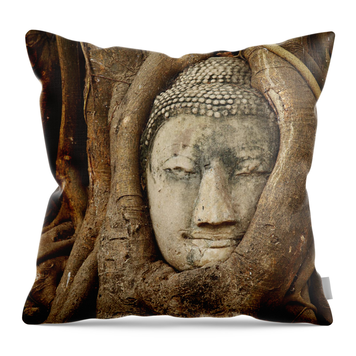 Southeast Asia Throw Pillow featuring the photograph Stone Buddha Head At Wat Phra Mahathat by Ngkaki