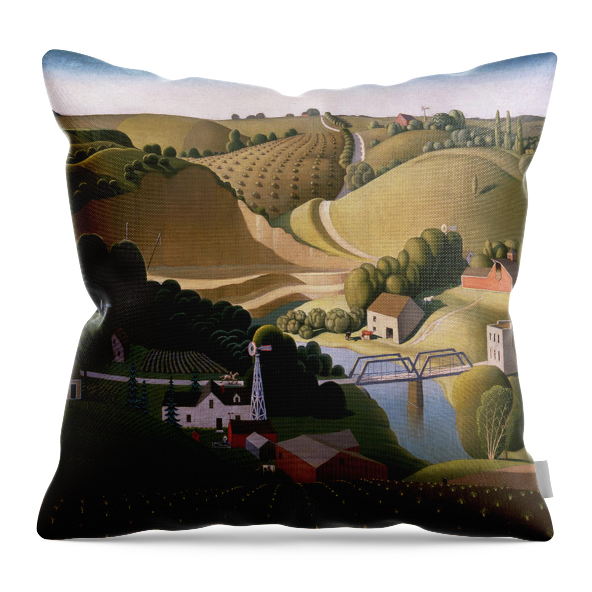 Grant Wood Throw Pillow featuring the painting Stone City, 1930 by Grant Wood