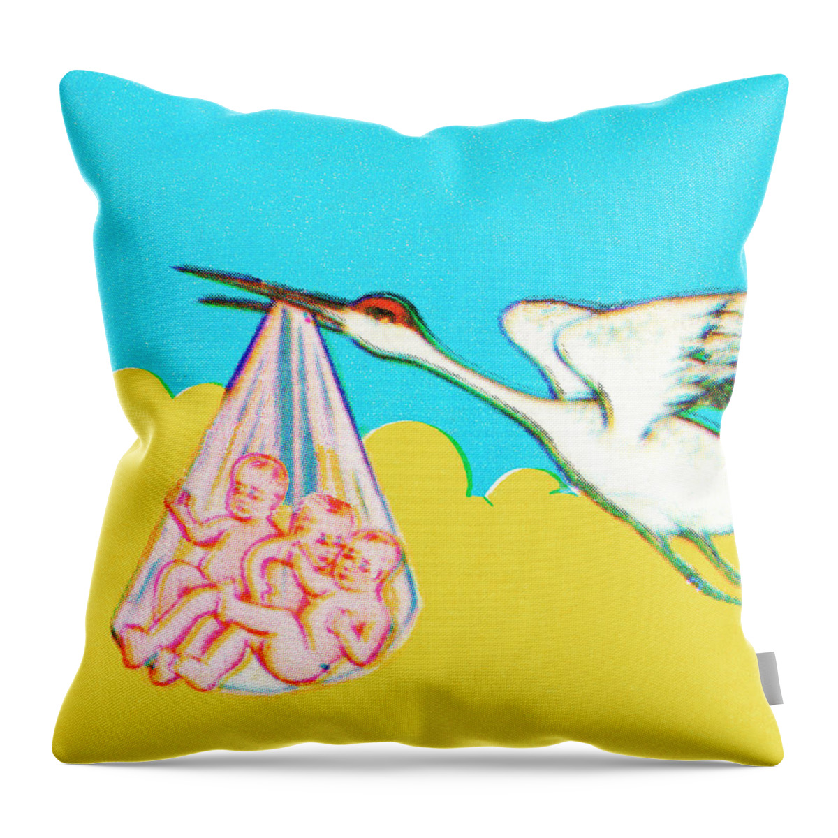 Baby Throw Pillow featuring the drawing Stork Carrying Triplets by CSA Images