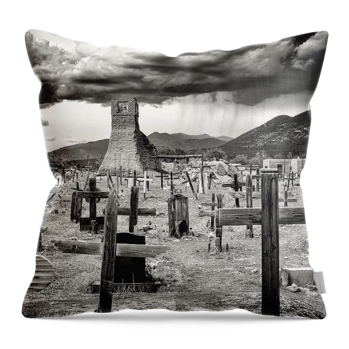 Landscape Throw Pillow featuring the photograph Storm Clouds Over Taos by Ron McGinnis