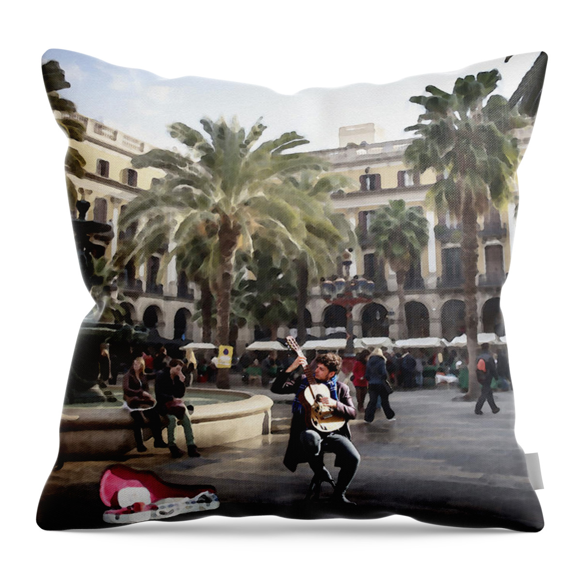 Street Music Throw Pillow featuring the digital art Street Music. Guitar. Barcelona, Plaza Real. by Alex Mir