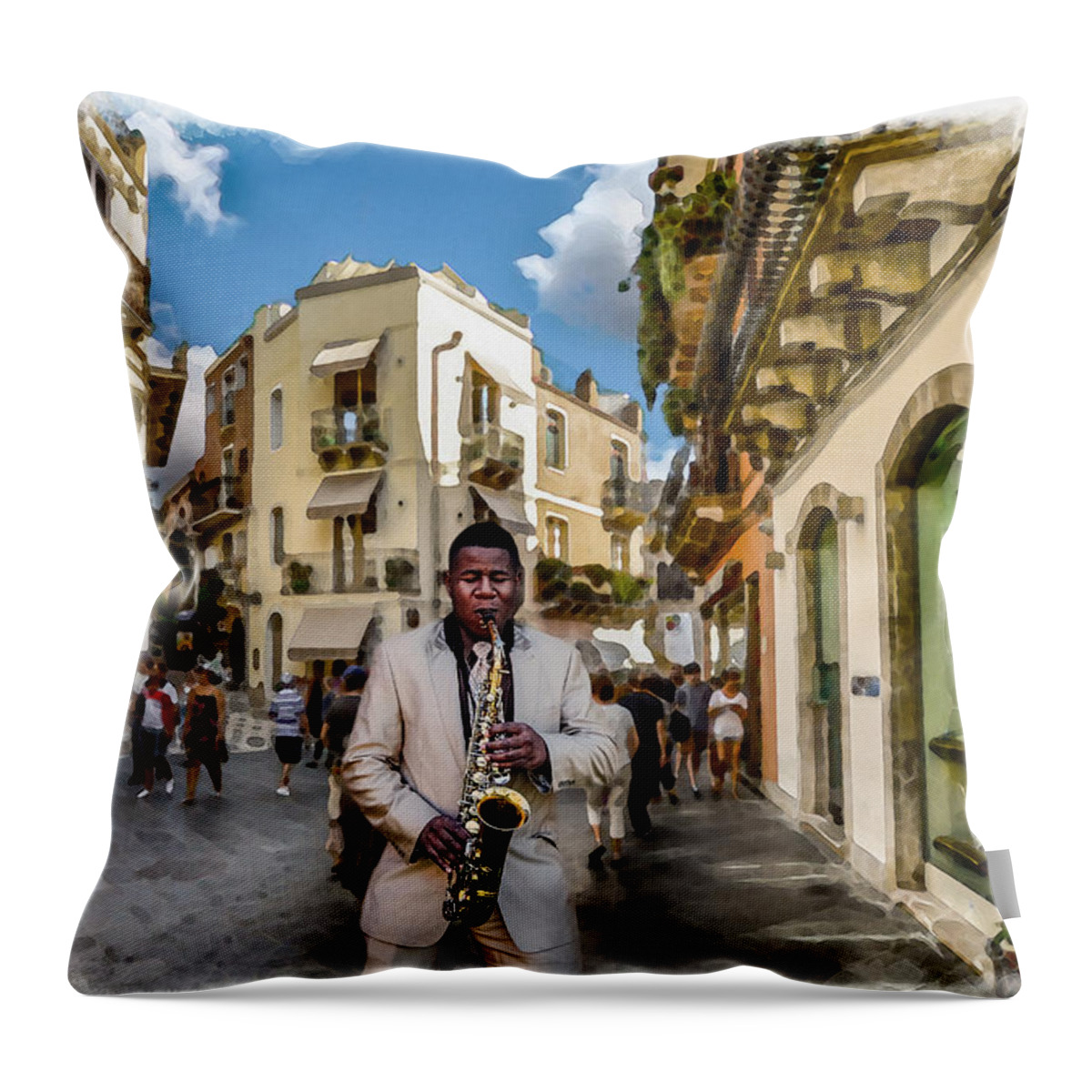 Street Music Throw Pillow featuring the digital art Street Music. Saxophone. by Alex Mir