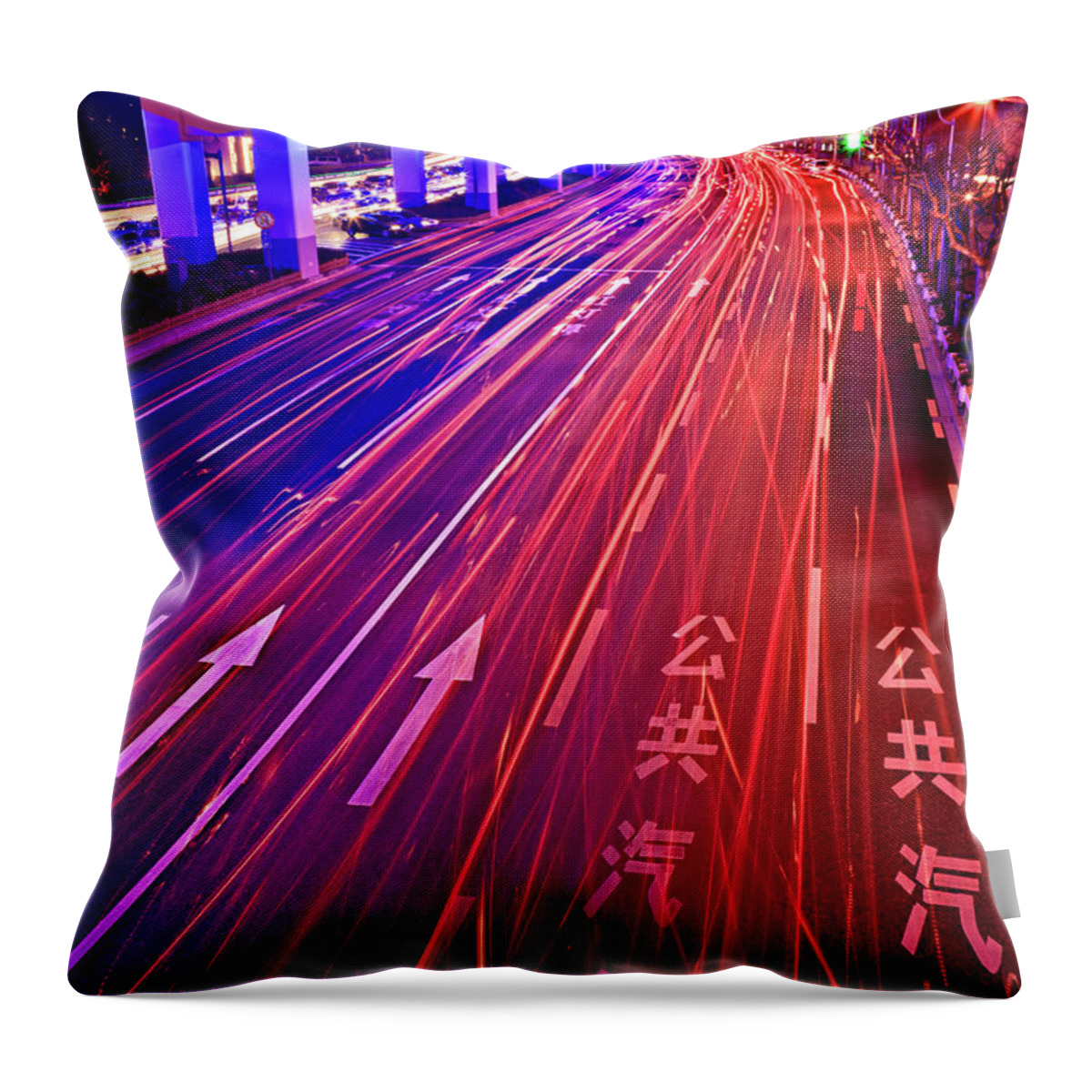 Outdoors Throw Pillow featuring the photograph Street Traffic At Night, Shanghai, China by William Yu Photography