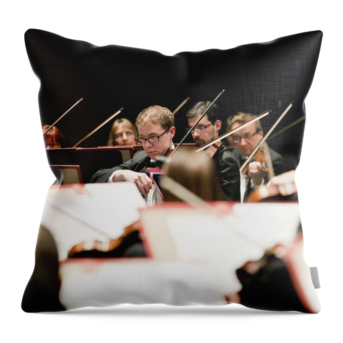 Young Men Throw Pillow featuring the photograph String Section In Orchestra by Hybrid Images
