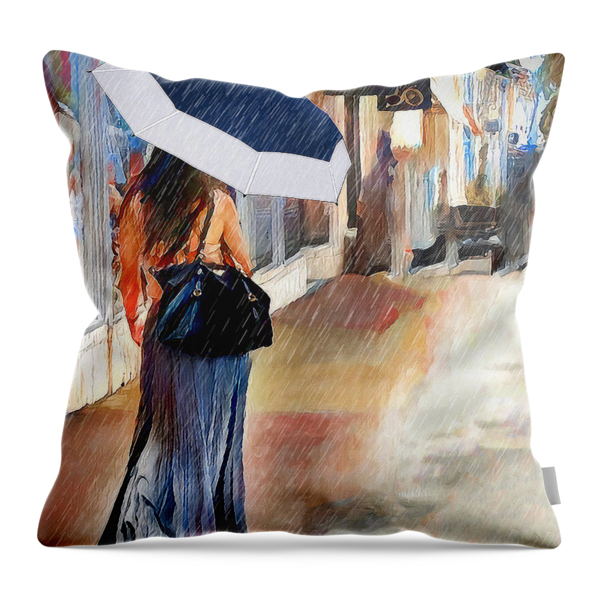 Woman Throw Pillow featuring the digital art Stroll In The Rain by Pennie McCracken