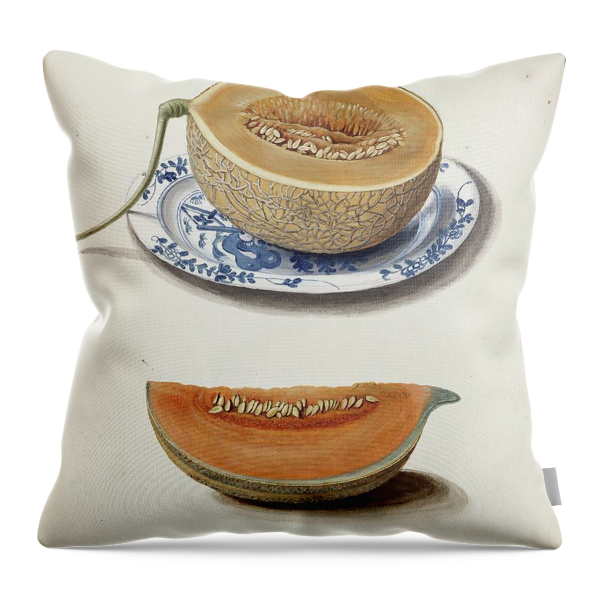 Melon Throw Pillow featuring the painting Studie Af To Netmeloner, Halveret Og Kvadreret by Johanna Fosie