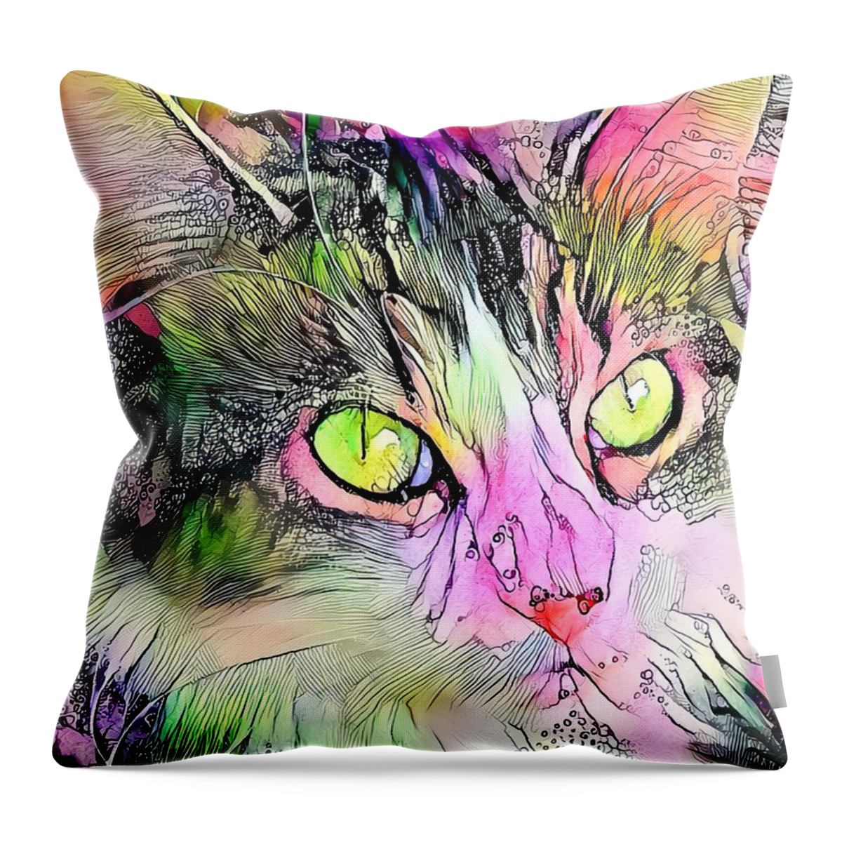 Watercolor. Green Throw Pillow featuring the digital art Stunning Watercolor Cat Face Green Eyes by Don Northup