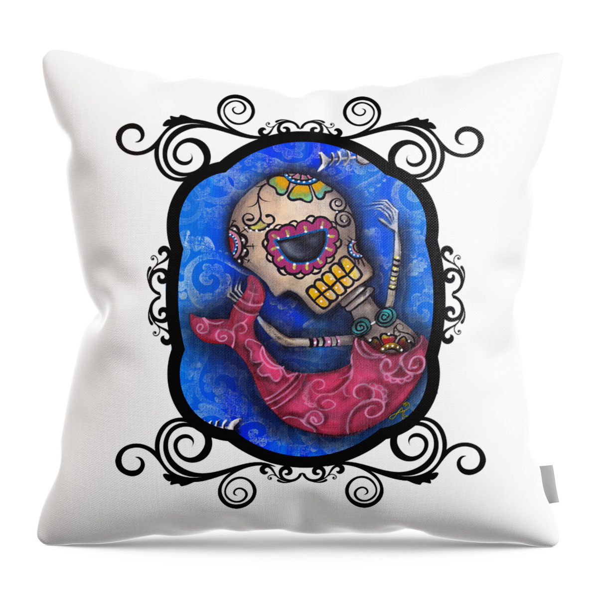 Day Of The Dead Throw Pillow featuring the painting Sugar Skull Mermaid by Abril Andrade
