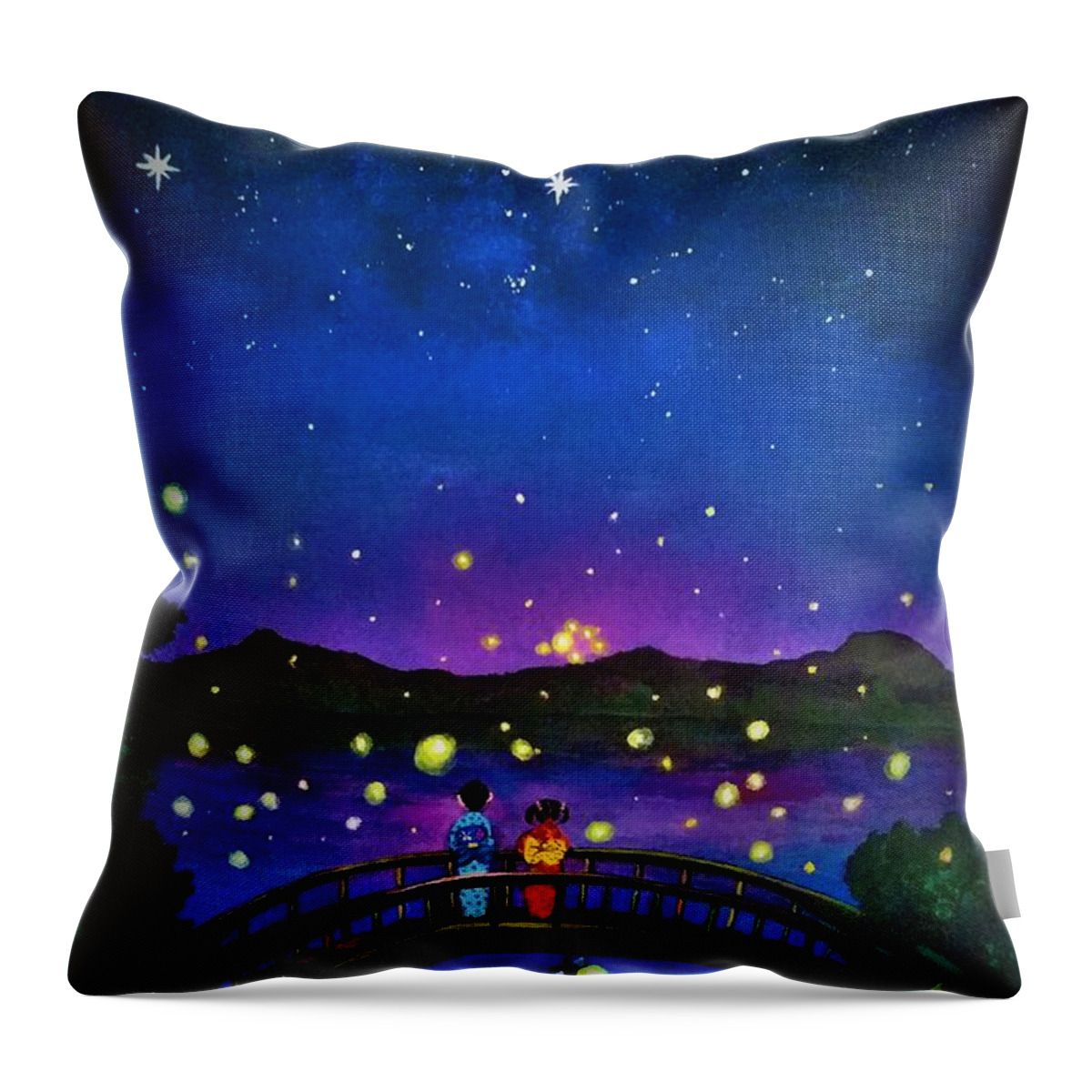 Summer Throw Pillow featuring the painting Summer fireflies night lights by Tara Krishna
