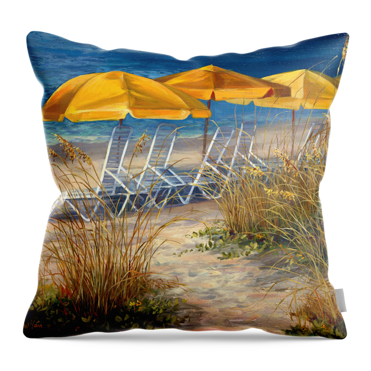Beach Landscapes Throw Pillow featuring the painting Sunbrellas by Laurie Snow Hein