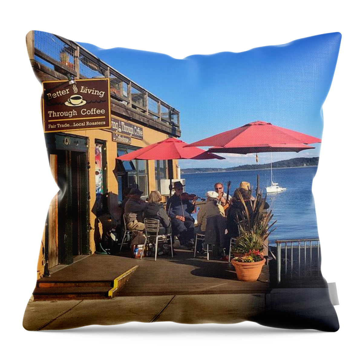 Sunday Throw Pillow featuring the photograph Coffee Jam Session by Jerry Abbott