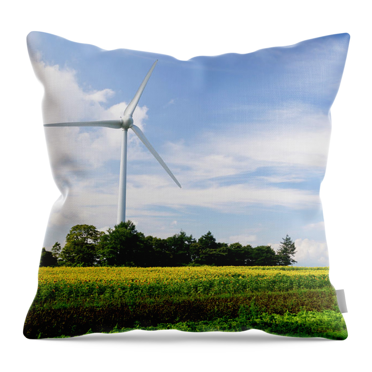 Environmental Conservation Throw Pillow featuring the photograph Sunflower Field With Wind Turbines by Kwphotobox