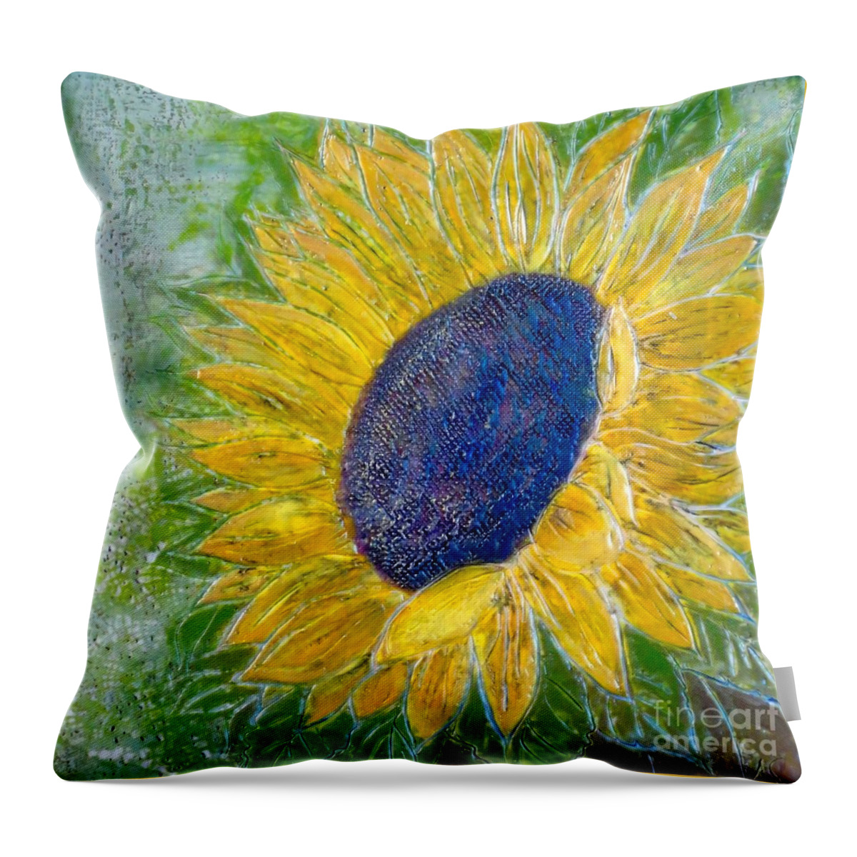 Sun Flower Sunflower Praises Flower Painting Art Yellow Green Encaustic Wax Beeswax Carved Texture Amy Stielstra Fine Art Happy Sunshine Glow Throw Pillow featuring the painting Sunflower Praises by Amy Stielstra