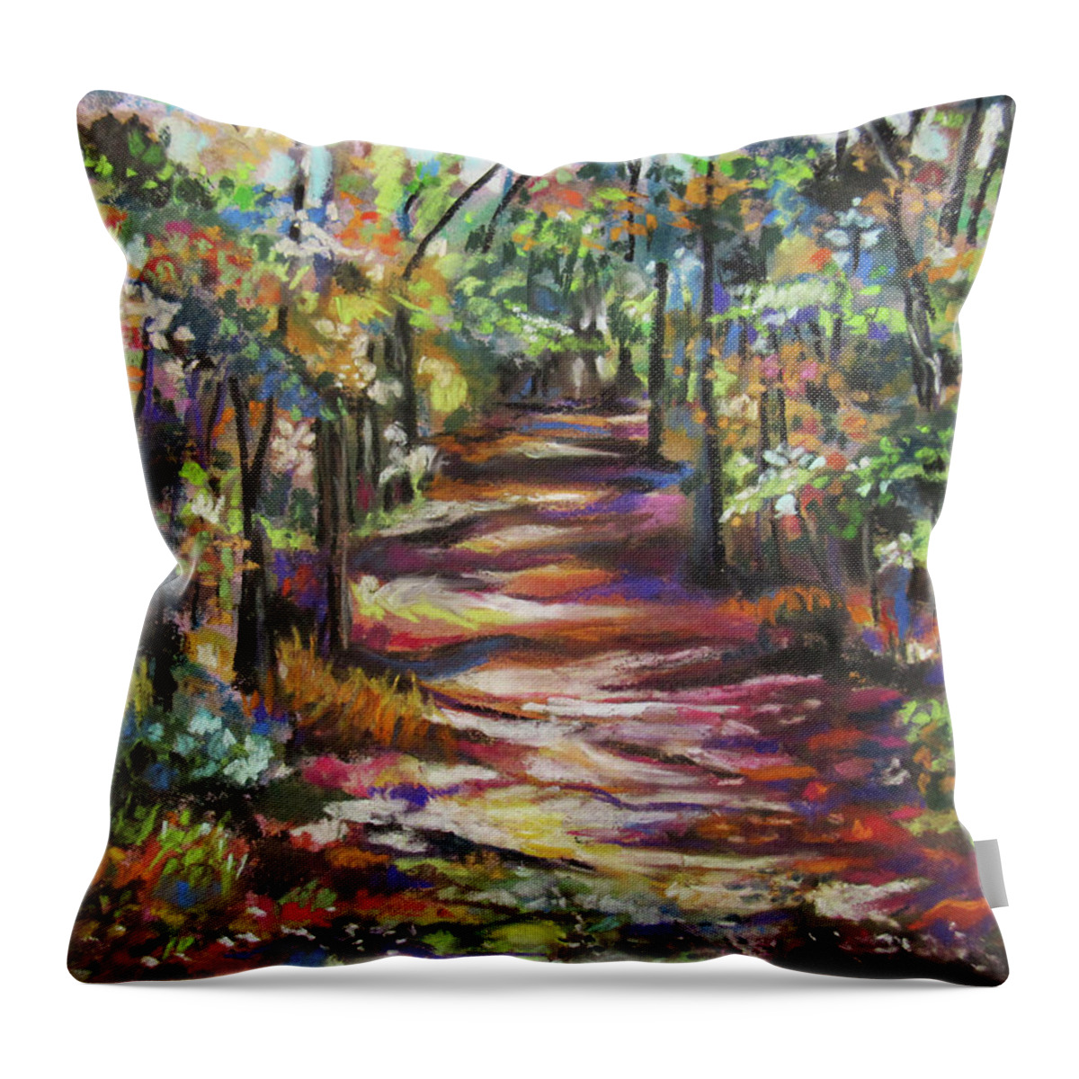 Forest Throw Pillow featuring the pastel Sunlit Forest Path by Jean Batzell Fitzgerald