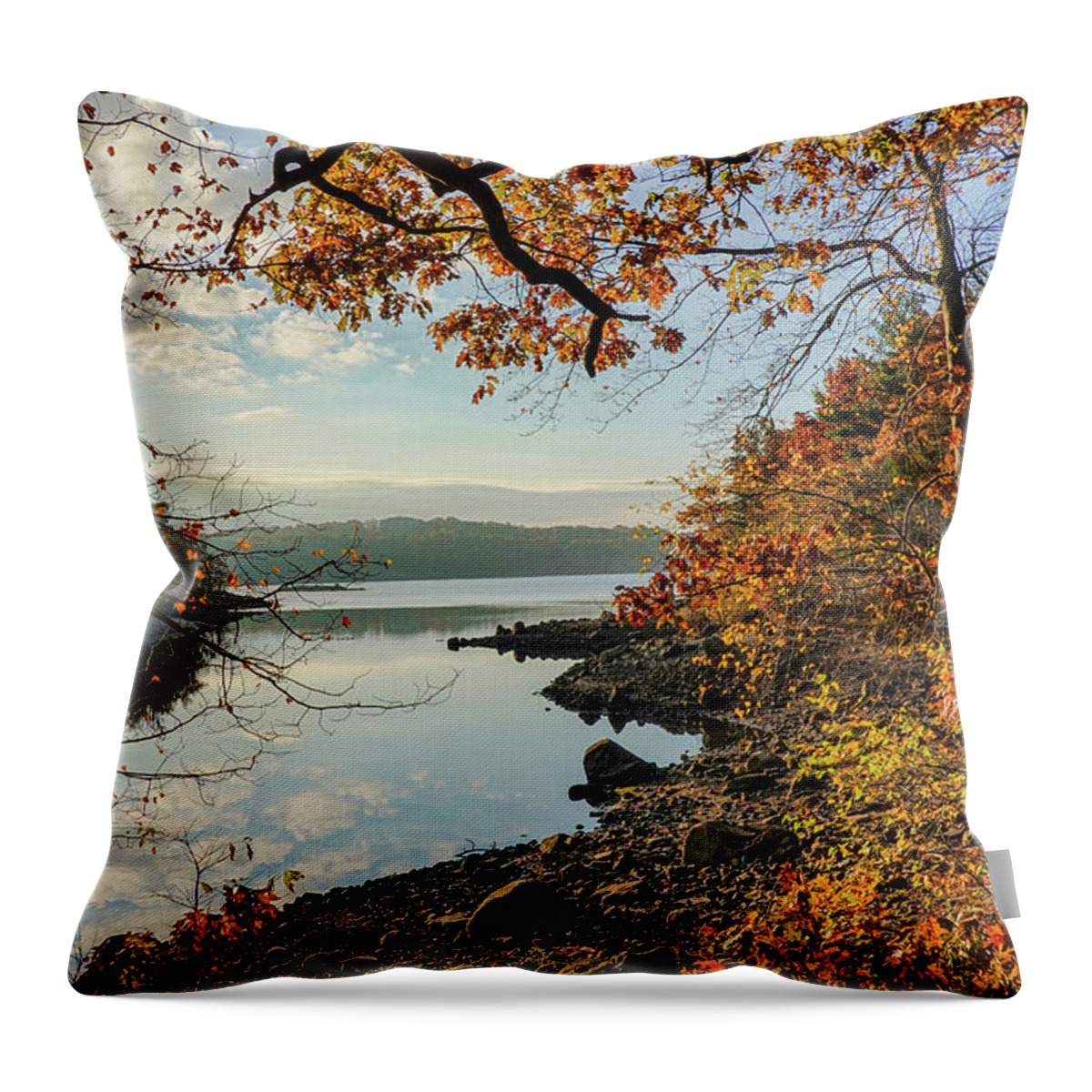 Lynn Throw Pillow featuring the photograph Sunrise on Breeds Pond Lynn Woods Lynn Massachusetts Fall Foliage Trees by Toby McGuire