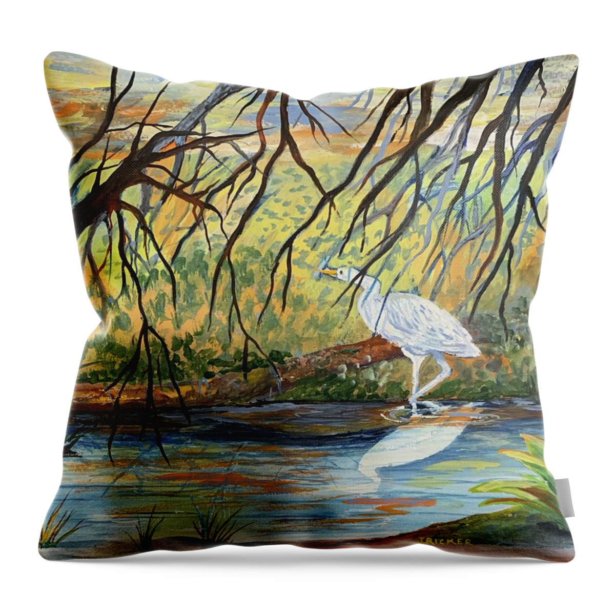 Egret Throw Pillow featuring the painting Sunset Creek by Jane Ricker