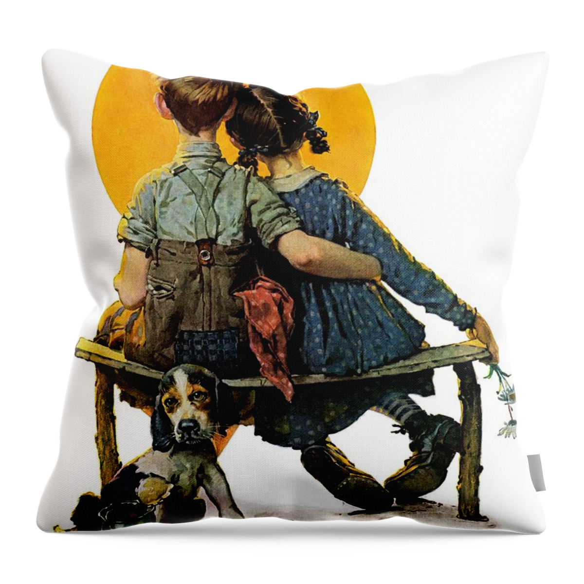 Benches Throw Pillow featuring the painting Sunset by Norman Rockwell