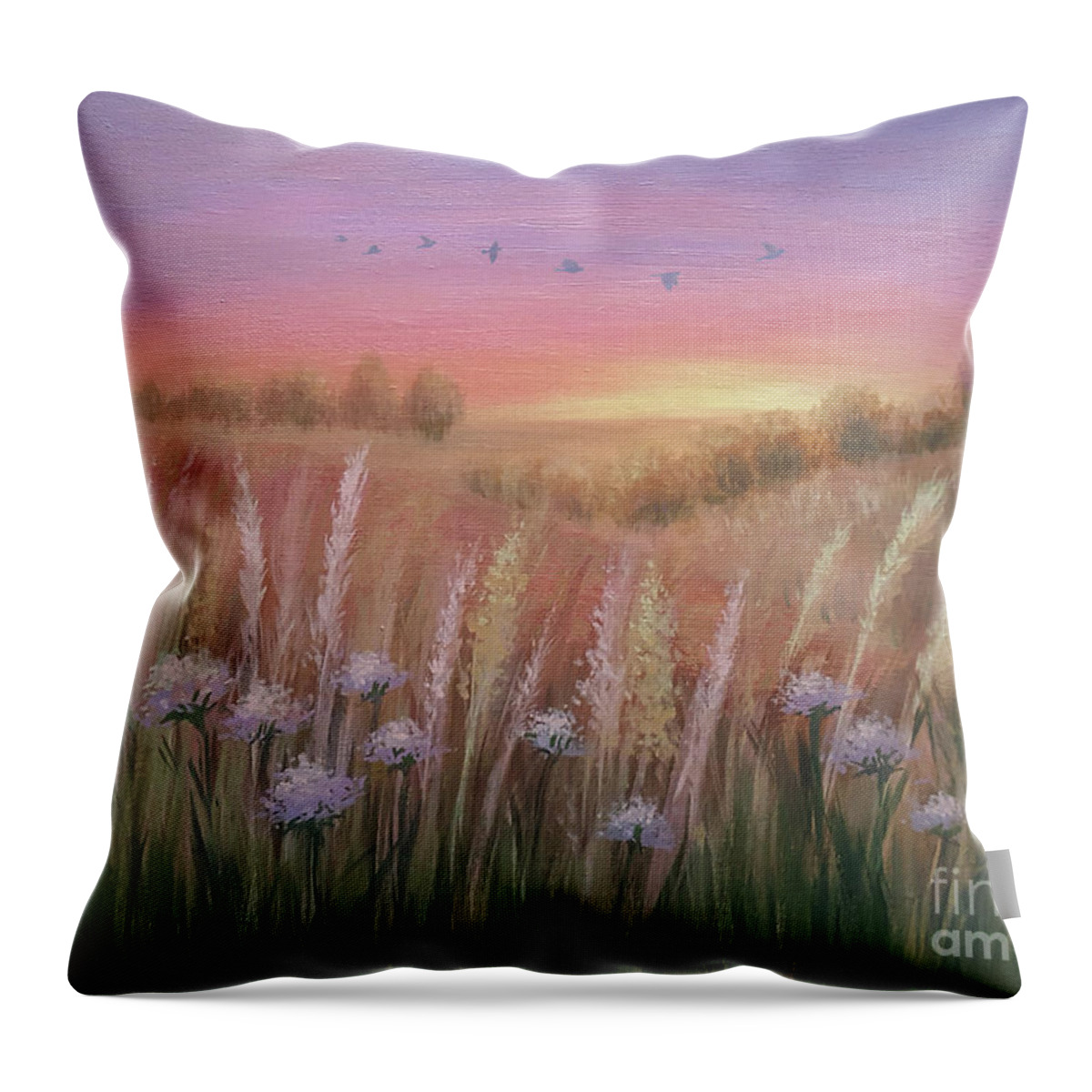 Sunset Throw Pillow featuring the painting Sunset on Autumn Hill by Yoonhee Ko