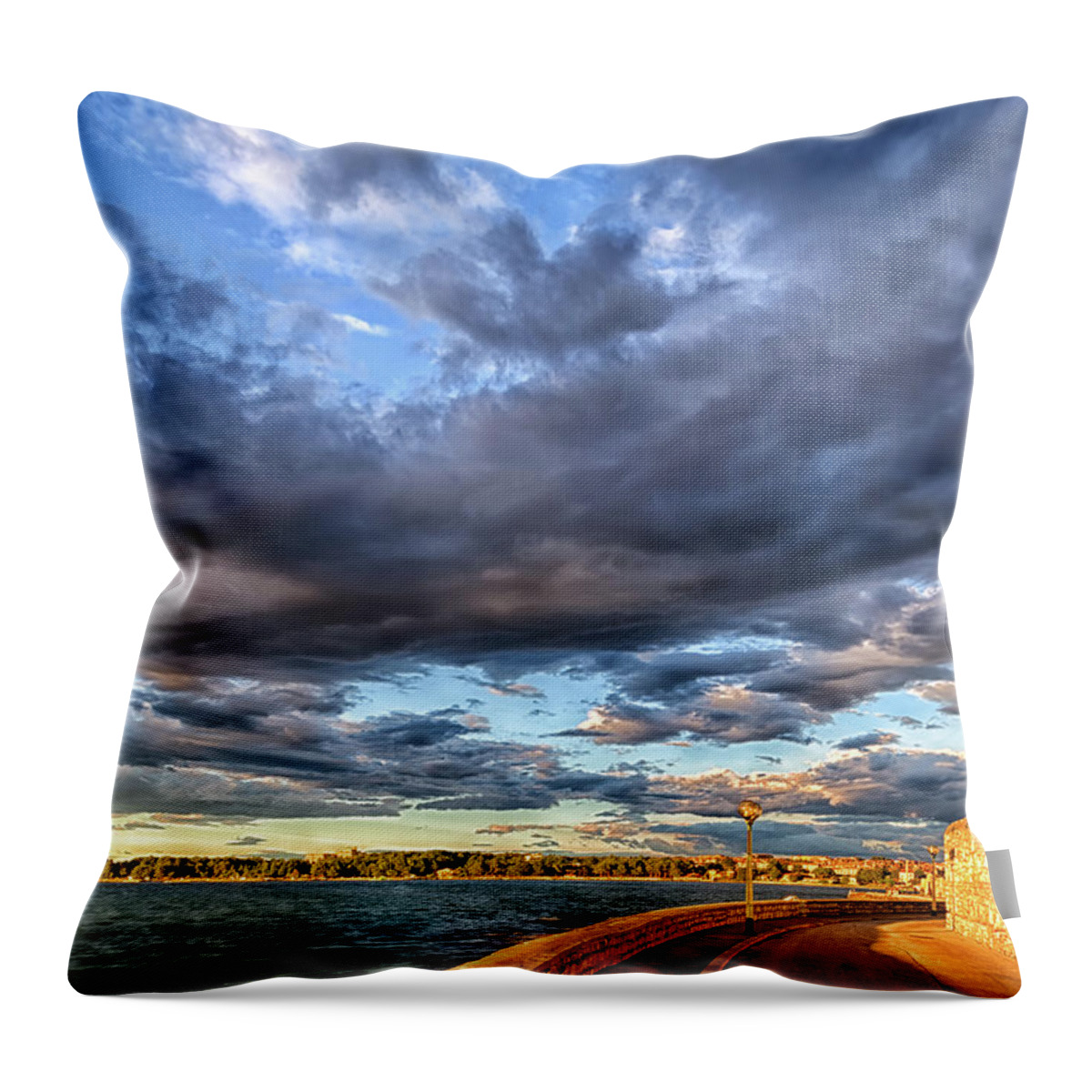 Quay Throw Pillow featuring the photograph Sunset on the streets of Porec by Vivida Photo PC