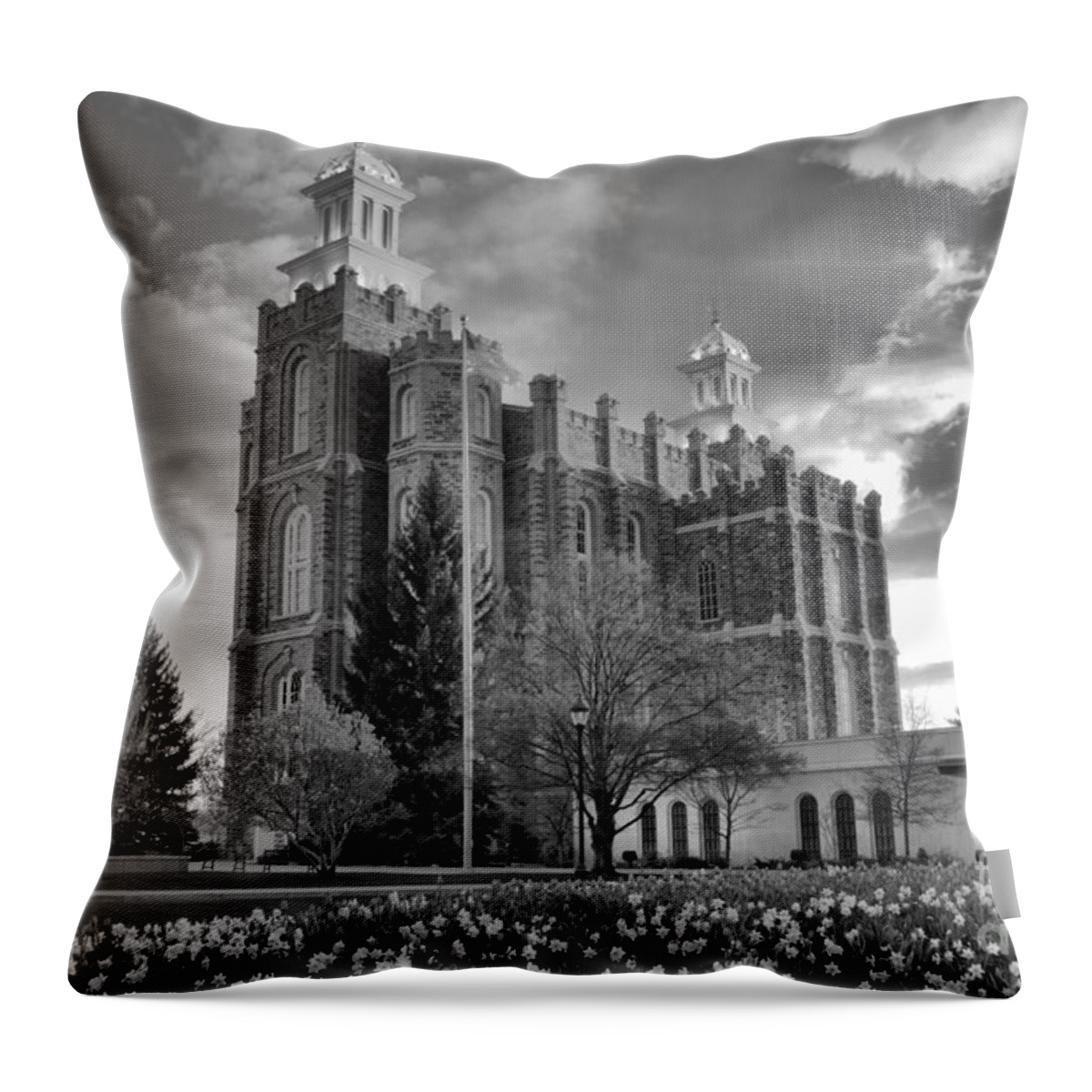 Logan Temple Throw Pillow featuring the photograph Sunset Over The Logan Temple Black And White by Adam Jewell