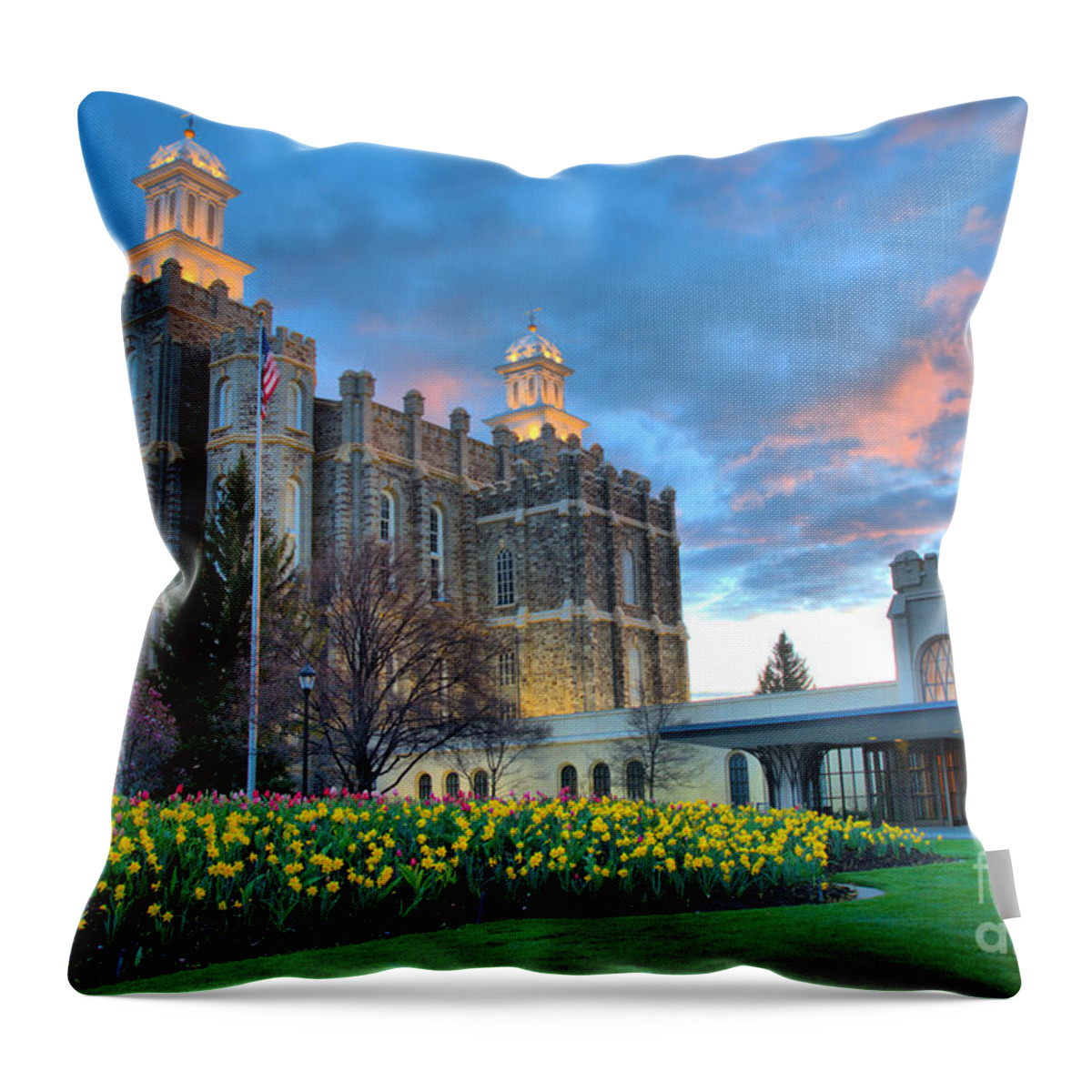 Logan Temple Throw Pillow featuring the photograph Sunset Over The Logan Temple Grounds by Adam Jewell