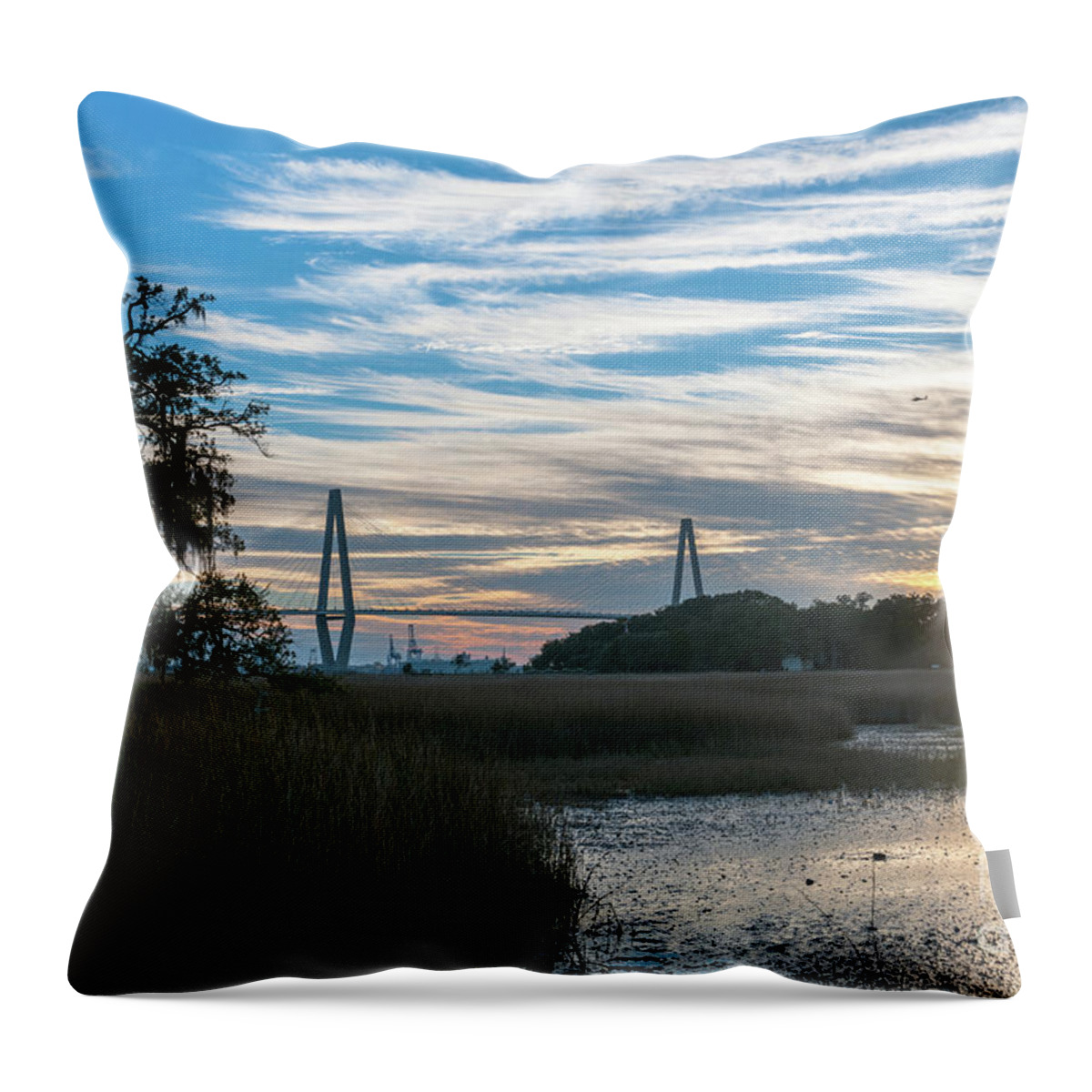 Arthur Ravenel Jr. Bridge Throw Pillow featuring the photograph Sunset over the Salt Marsh by Dale Powell