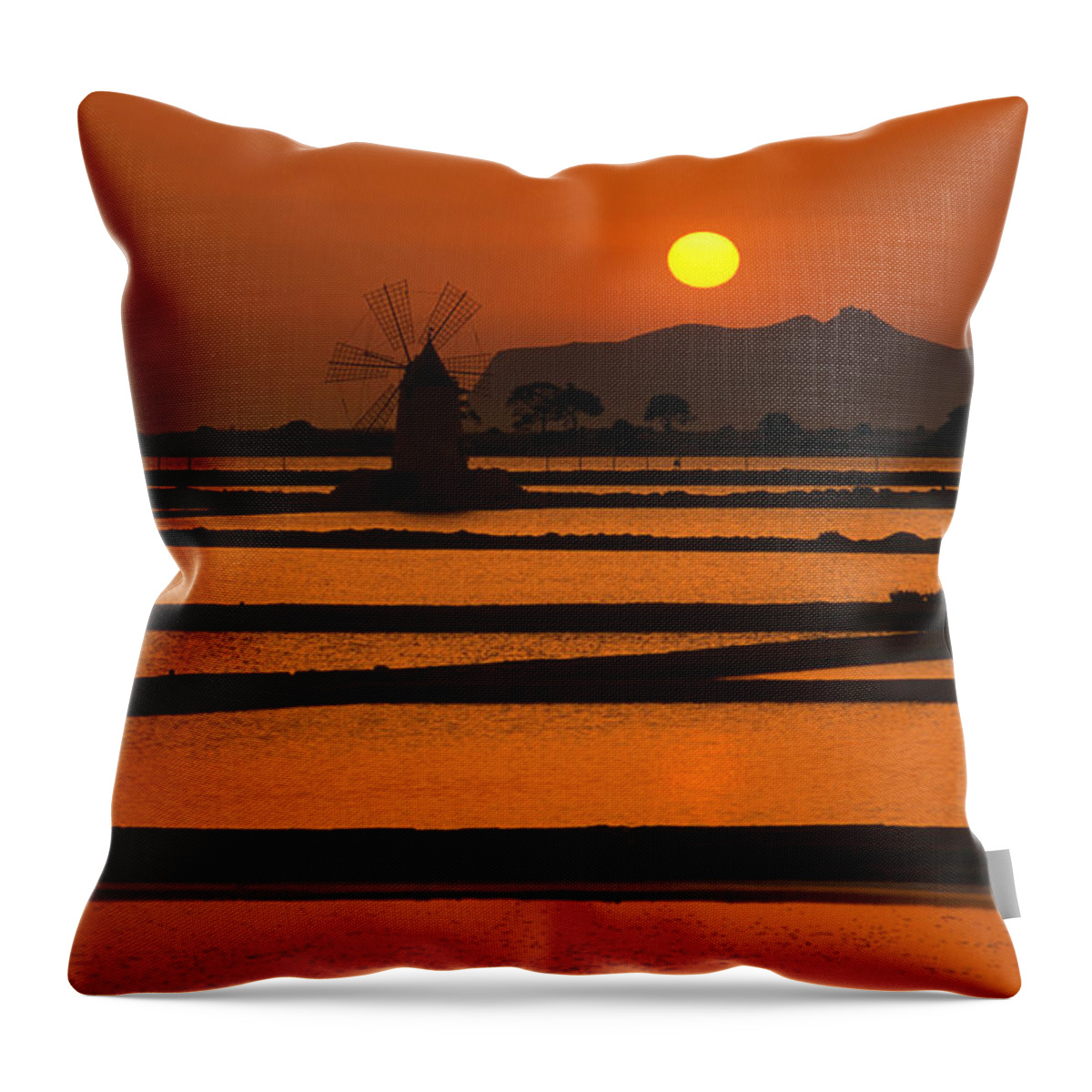 Environmental Conservation Throw Pillow featuring the photograph Sunset Over The Saltpans And A Windmill by Dallas Stribley