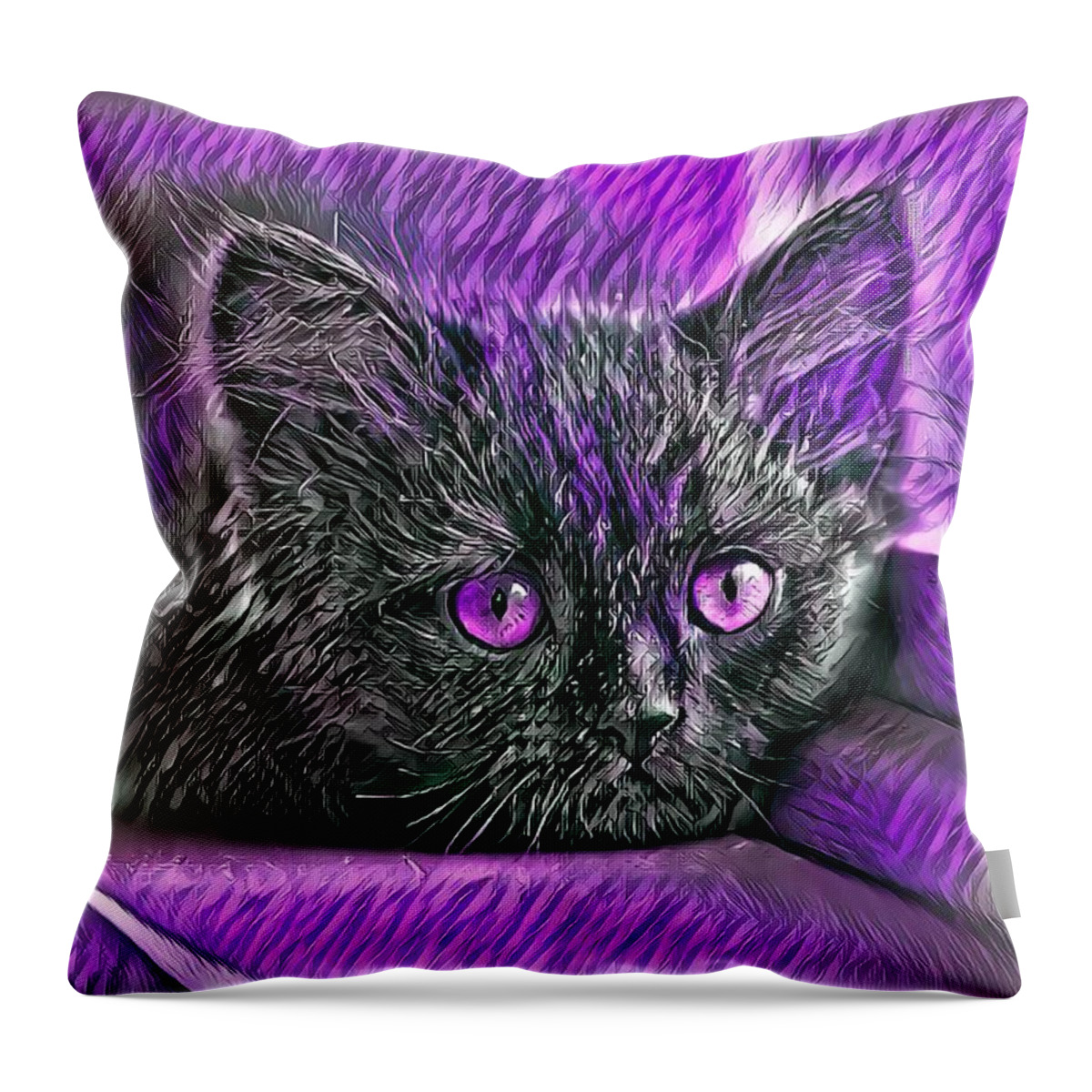 Purple Throw Pillow featuring the digital art Super Cool Black Cat Purple Eyes by Don Northup