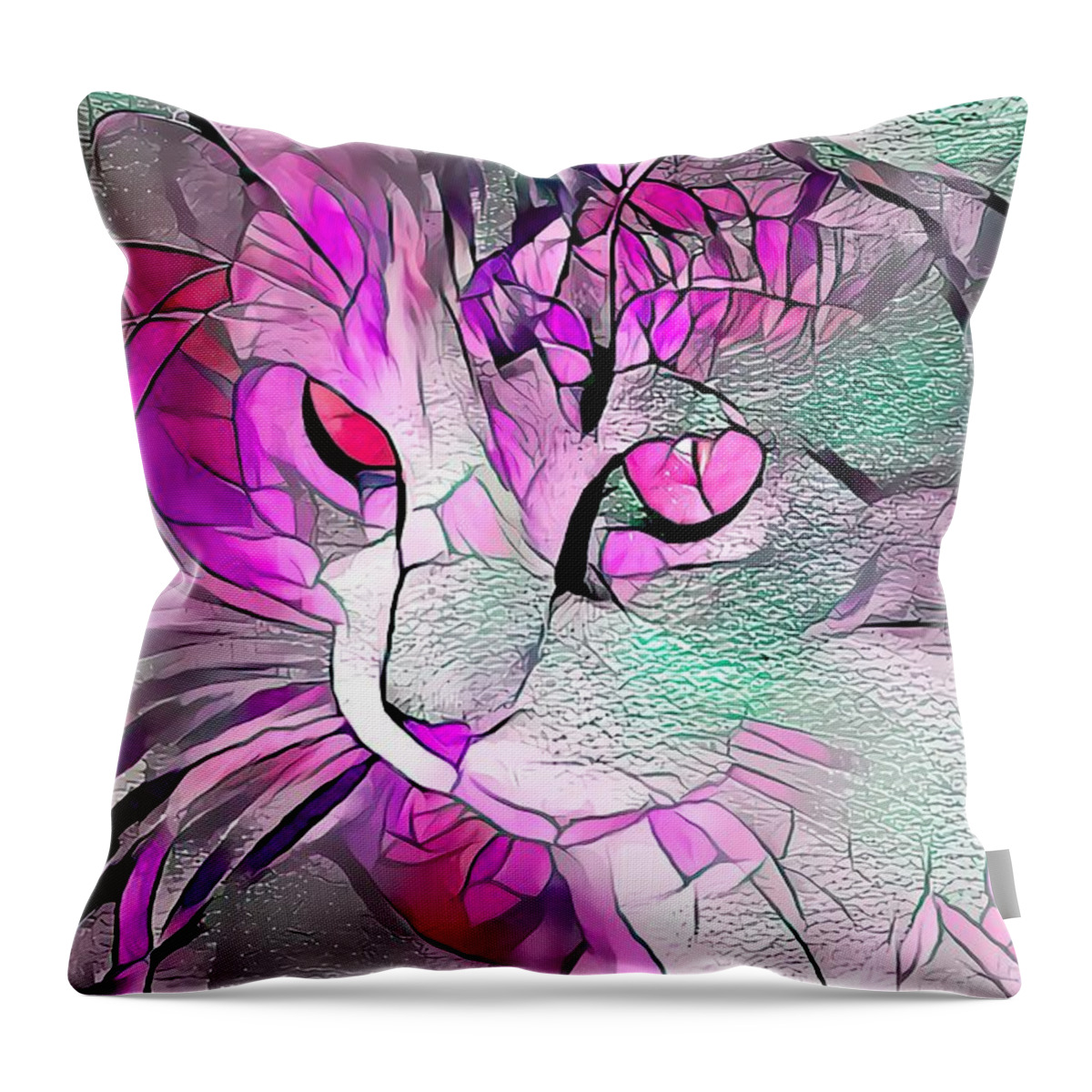 Glass Throw Pillow featuring the digital art Super Stained Glass Kitten Pink by Don Northup
