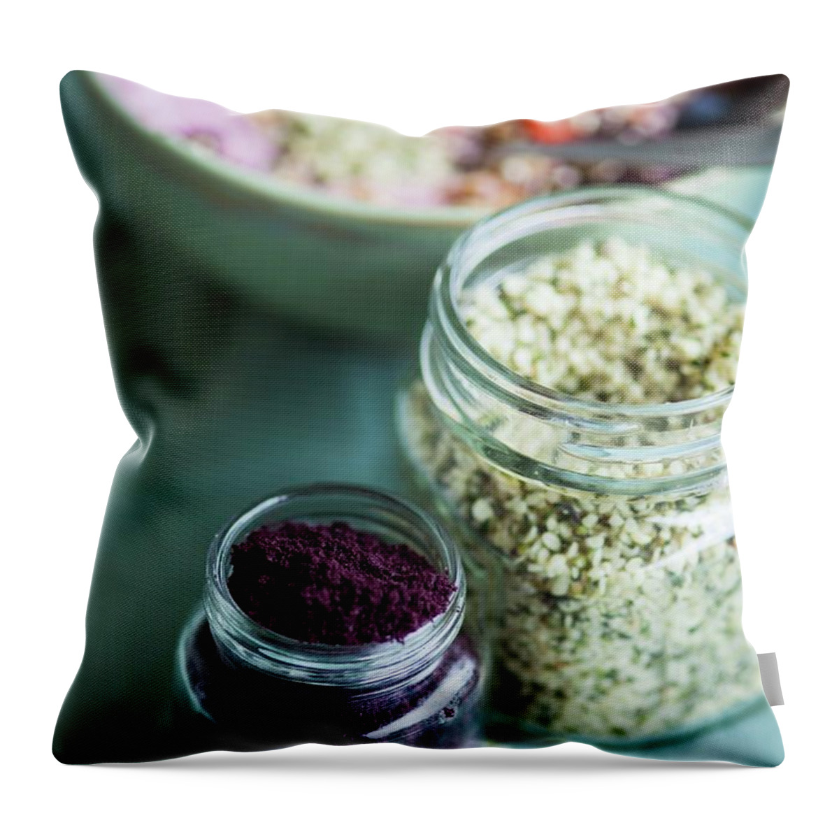 Ip_11986554 Throw Pillow featuring the photograph Superfood Ingredients: Hemp And Acai Powder In Glass Jars by Eising Studio