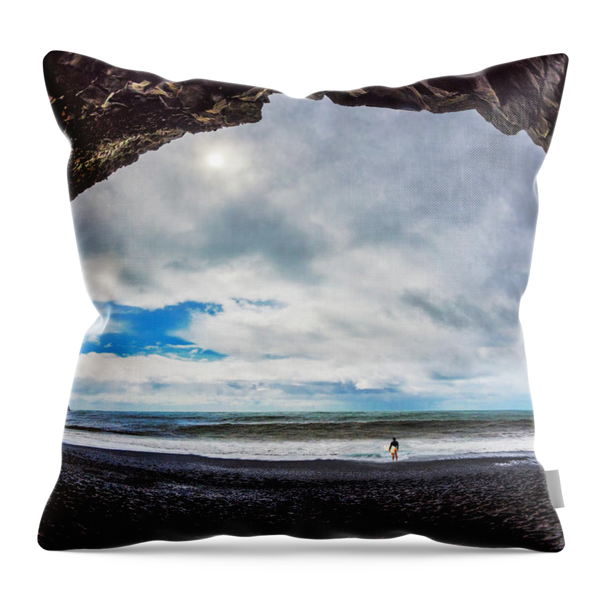 Clouds Throw Pillow featuring the photograph Surfer at Black Sands by Debra and Dave Vanderlaan