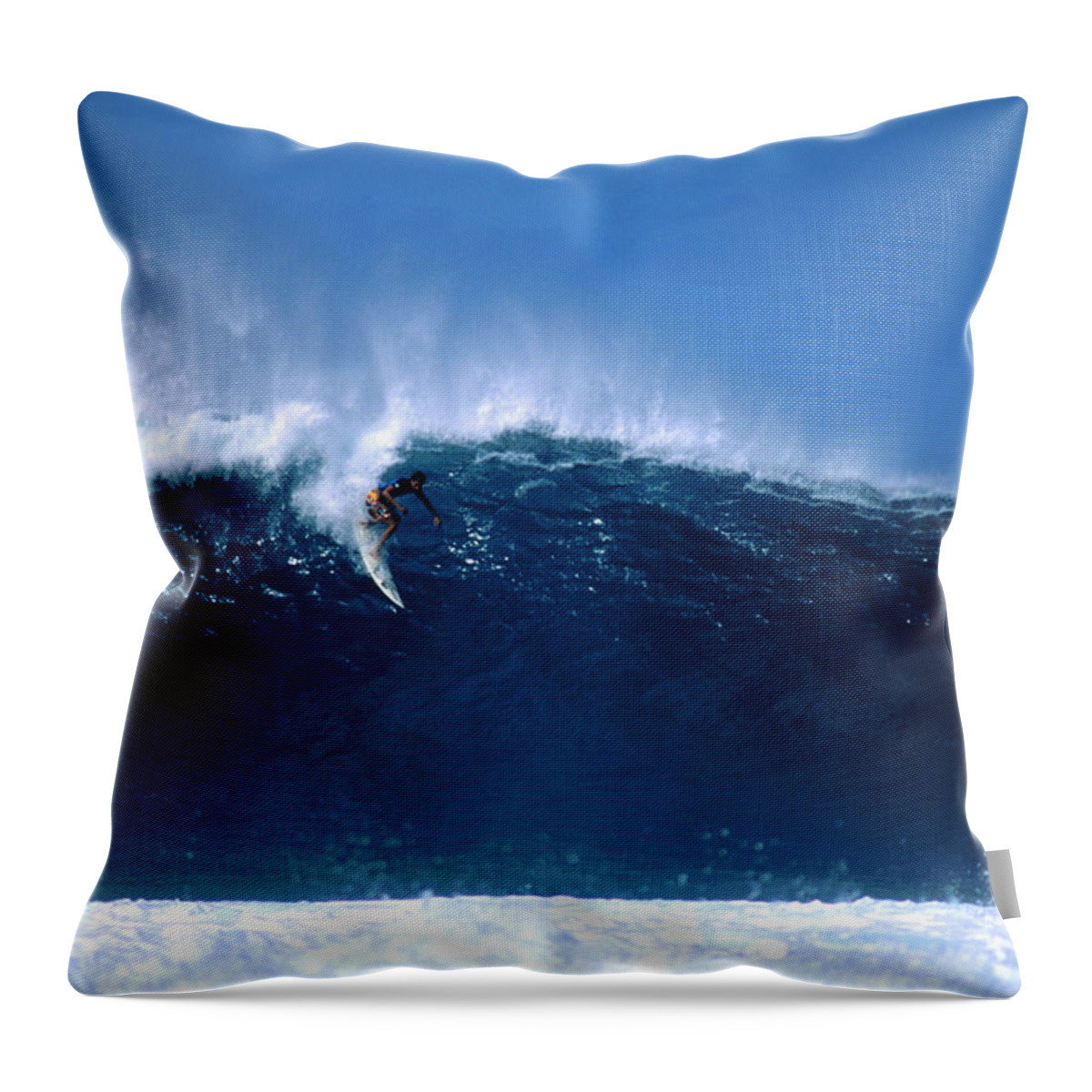 Waimea Bay Throw Pillow featuring the photograph Surfer Dropping In At Big Pipeline by Drewhadley