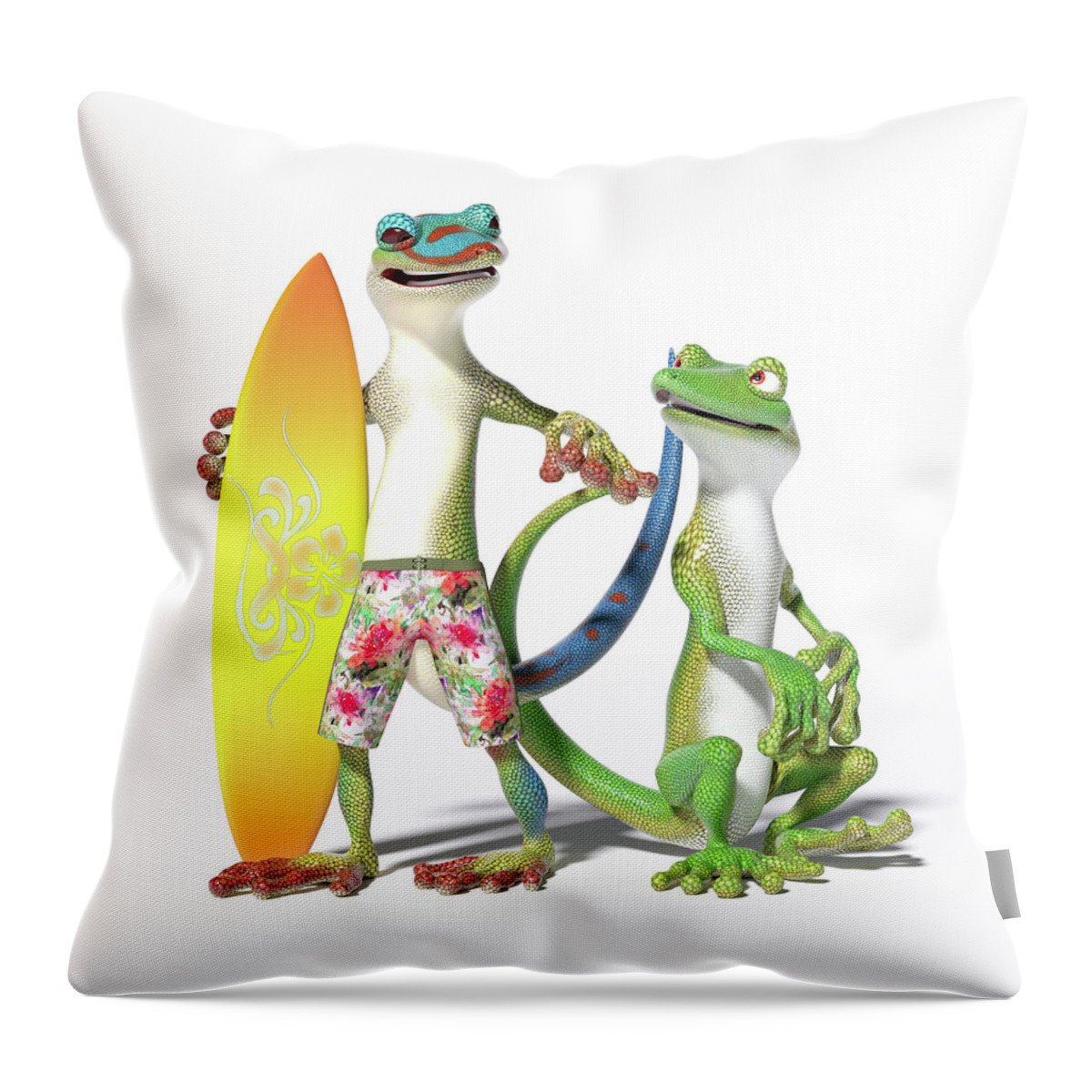 Gecko Throw Pillow featuring the digital art Surf's Up Geckos by Betsy Knapp