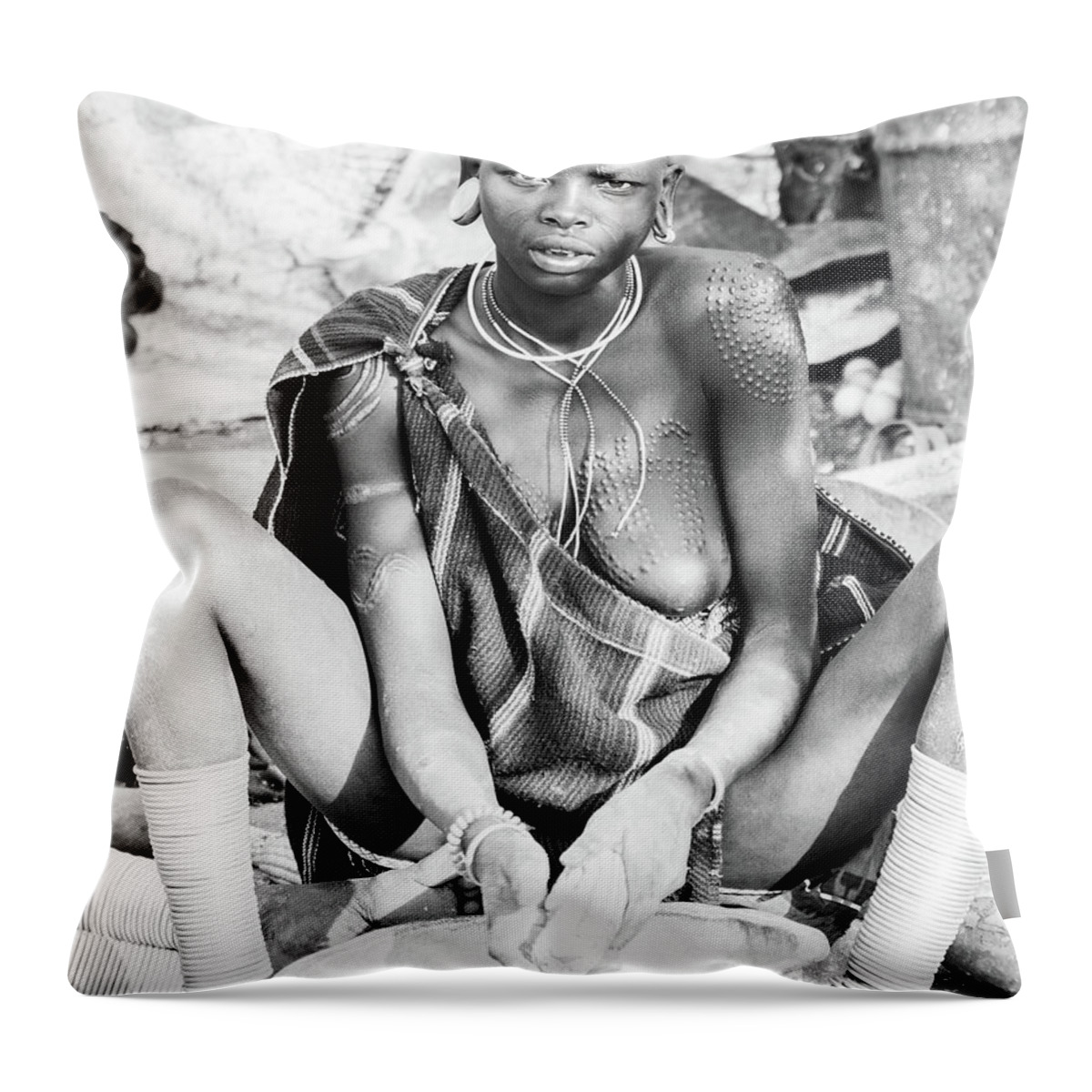 Tribe Throw Pillow featuring the photograph Suri girl by Mache Del Campo