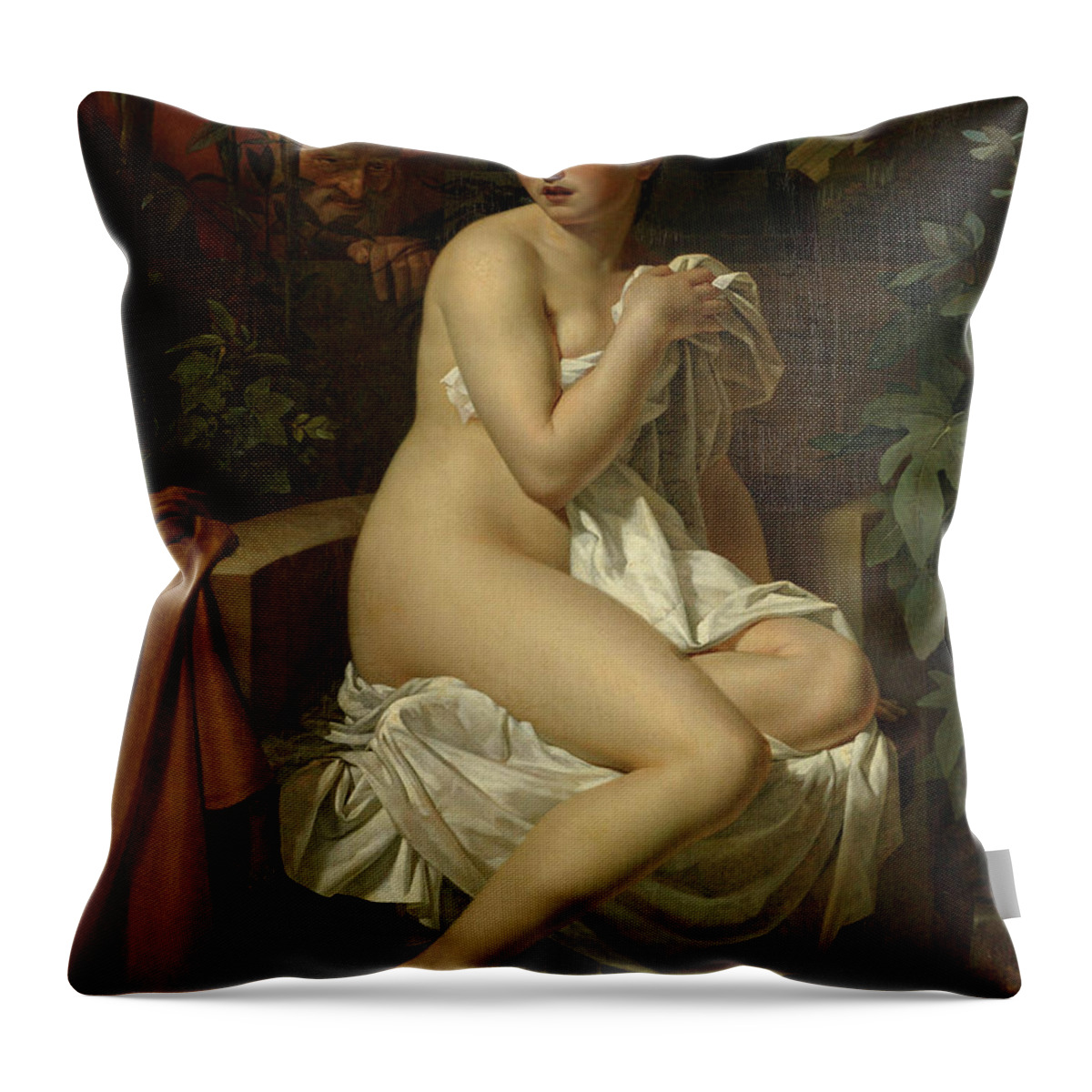 Pierre Van Hanselaere Throw Pillow featuring the painting Susanna and the Elders, 1820 by Pierre Van Hanselaere